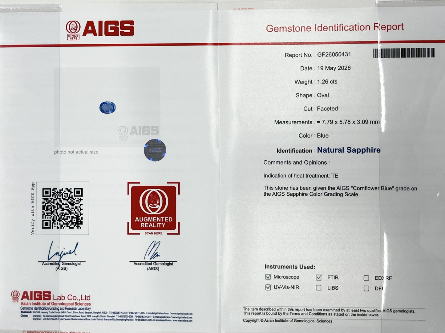サファイア 1.26ct コンフラワーブルー Cornflower blue AIGS鑑別書 D0.33ct PT900 5.2g 指輪 （JP13号） サイズ直し無料 8791K