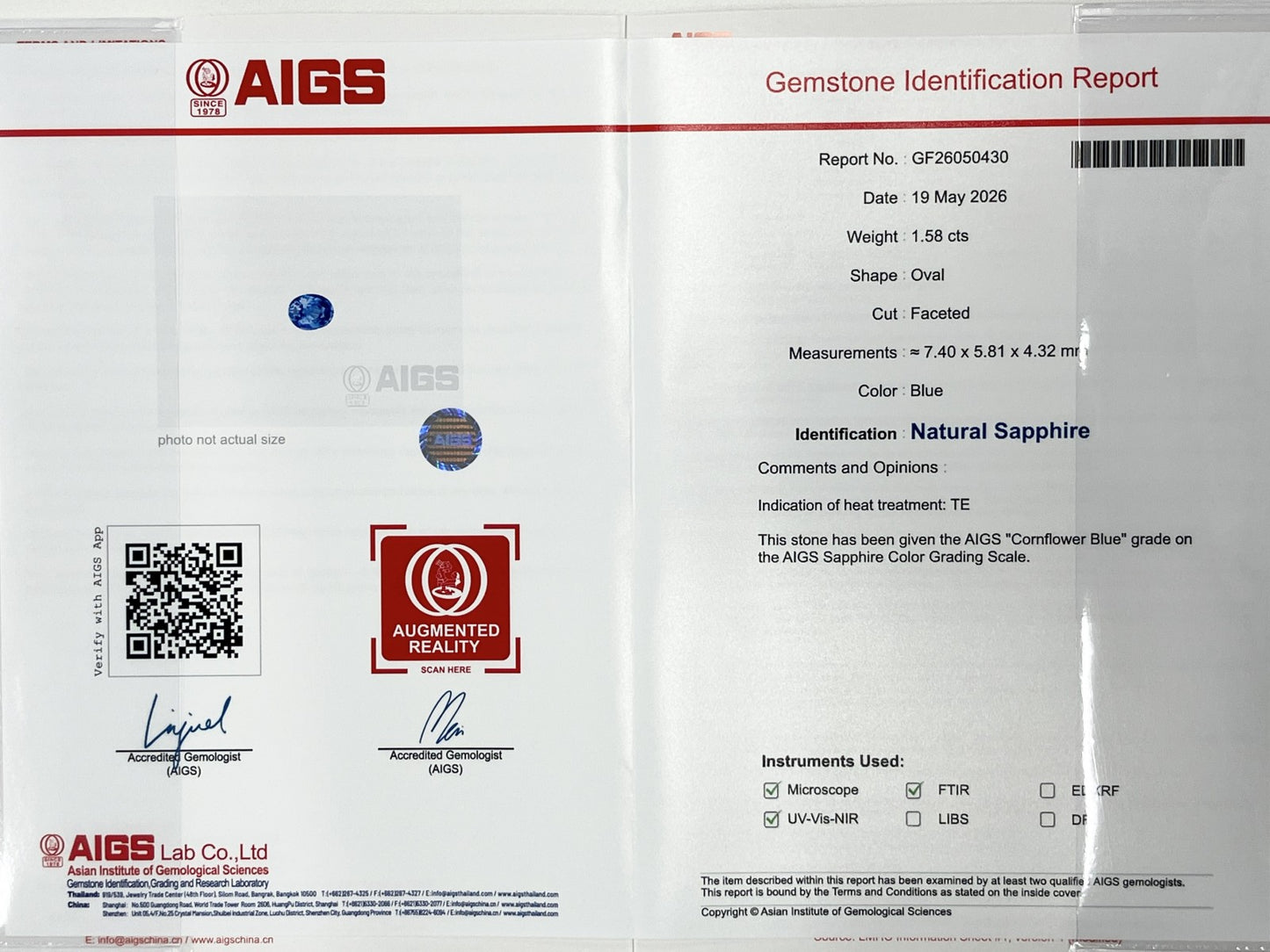 サファイア 1.58ct コンフラワーブルー Cornflower blue AIGS鑑別書 D0.72ct PT900 5.2g 指輪 （JP13号） サイズ直し無料 8358K