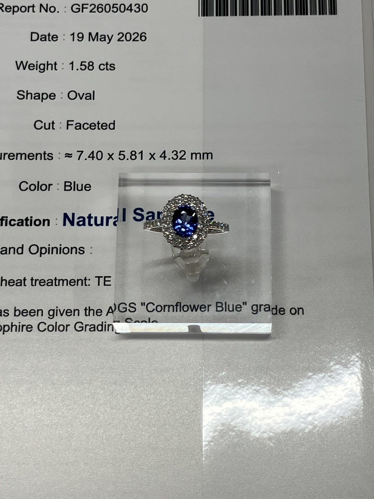 サファイア 1.58ct コンフラワーブルー Cornflower blue AIGS鑑別書 D0.72ct PT900 5.2g 指輪 （JP13号） サイズ直し無料 8358K