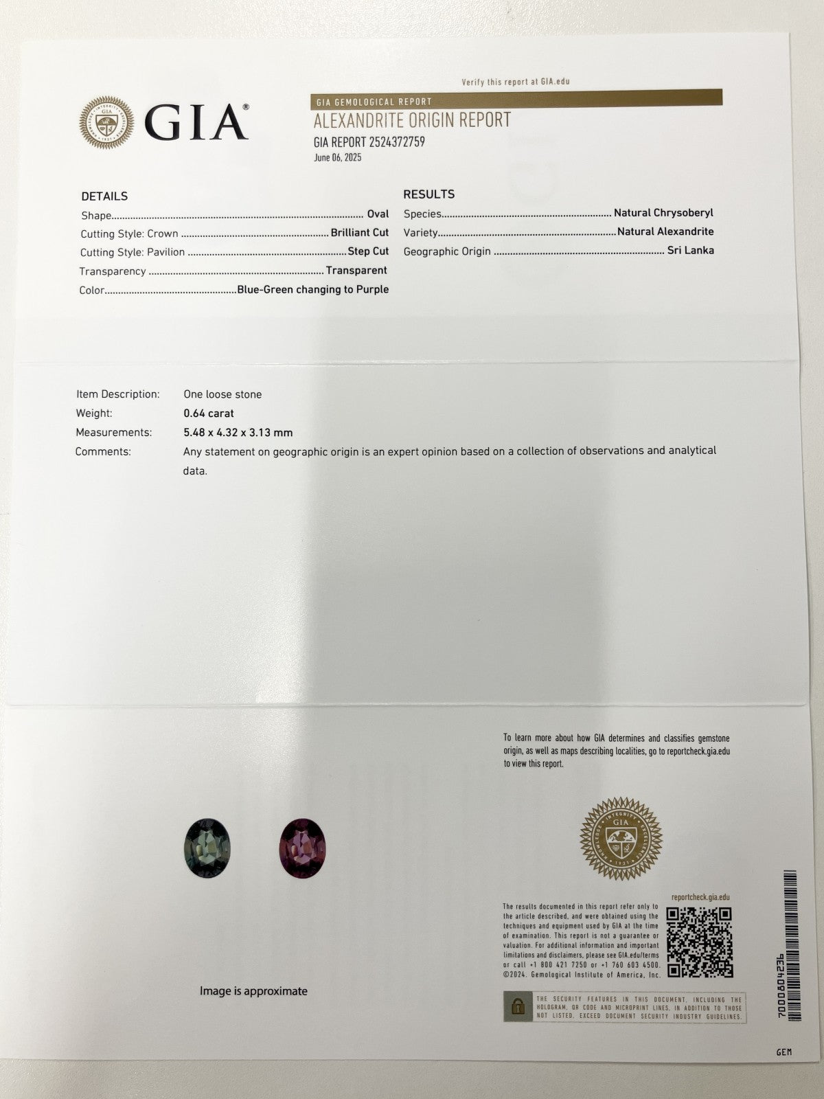 アレキサンドライト  天然   0.64ct   スリランカ産 GIA鑑別書付き   5.48㎜×4.32㎜×3.13㎜   天然 ルース（ 裸石 ）  5419S