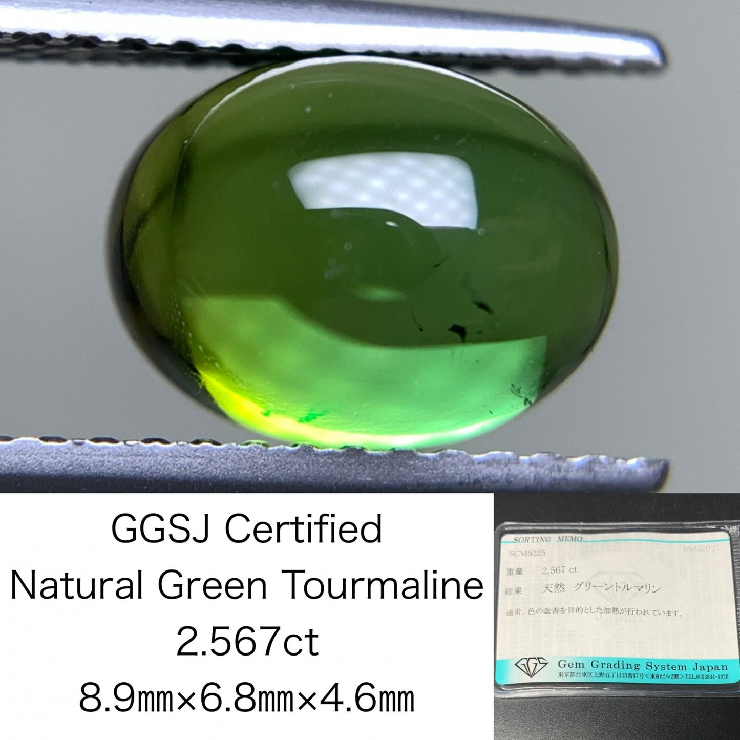 グリーントルマリン 2.567ct  宝石ソーティング付き  8.9㎜×6.8㎜×4.6㎜  天然 ルース（ 裸石 ） 4976Y