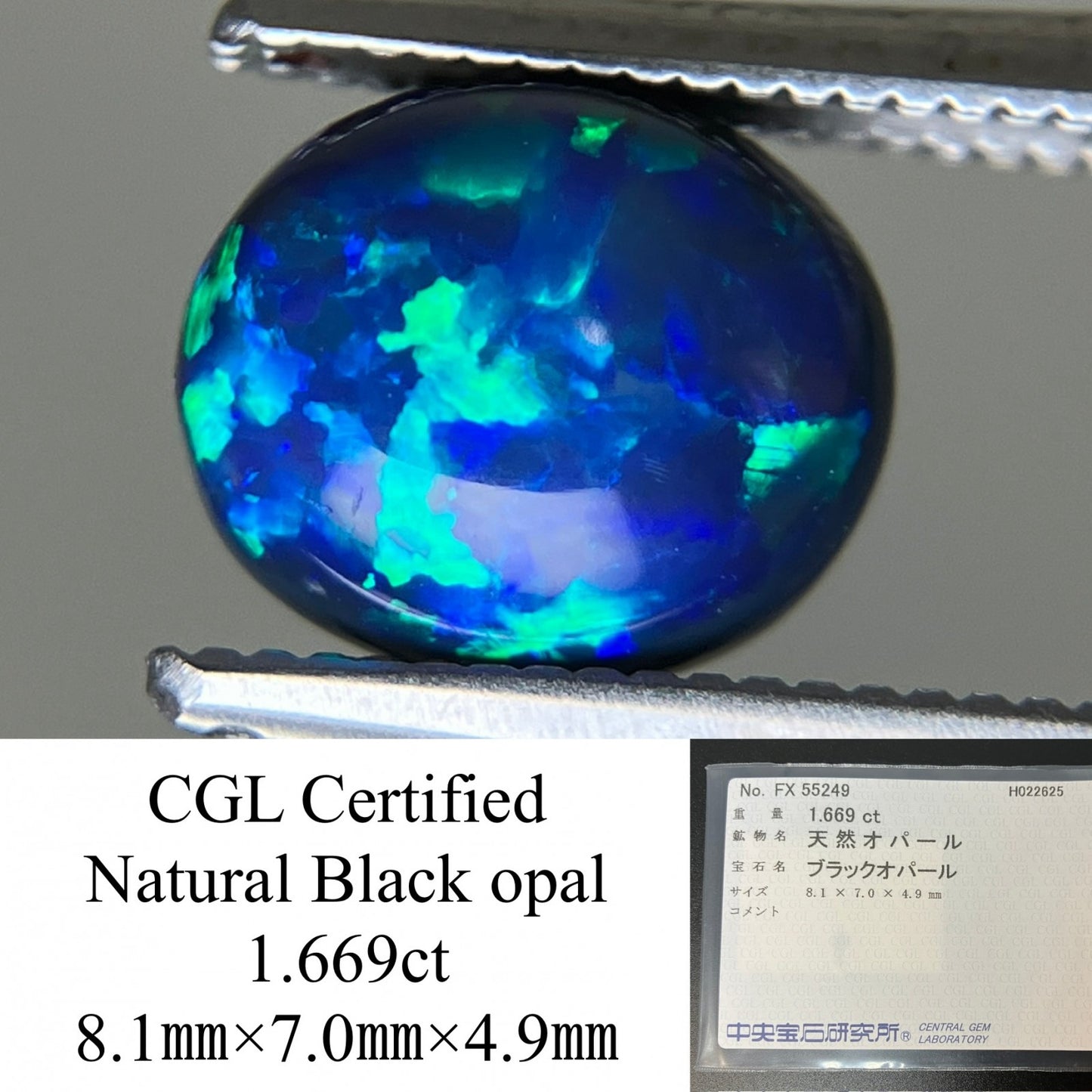 ブラックオパール 1.669ct 中央宝石ソーティング付き  8.1㎜×7.0㎜×4.9㎜  ルース（ 裸石 ） 4130YY