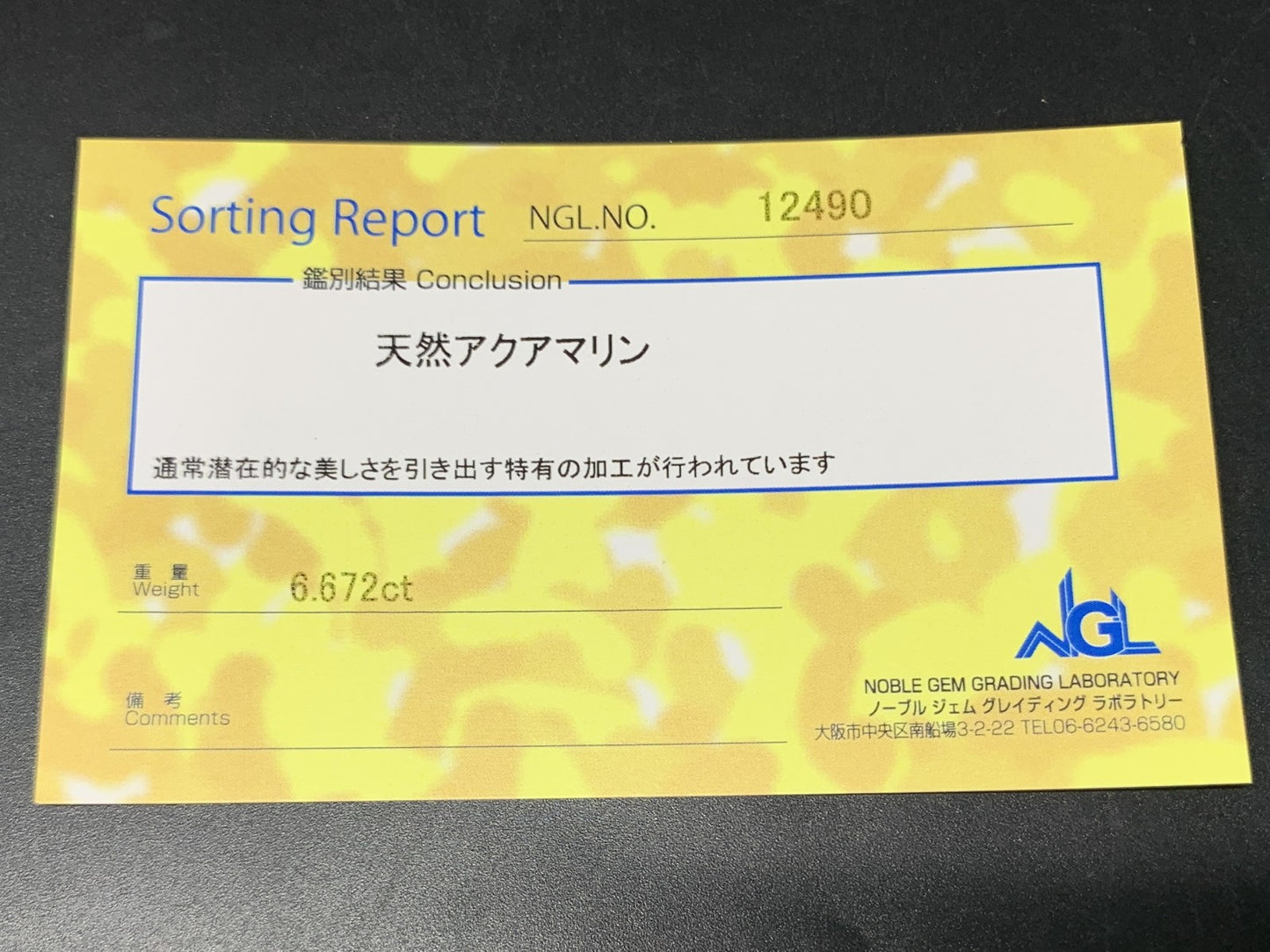 アクアマリン 6.672ct 宝石ソーティング付き 14.2㎜×9.9㎜×6.3㎜ ルース（ 裸石 ） 2693Y