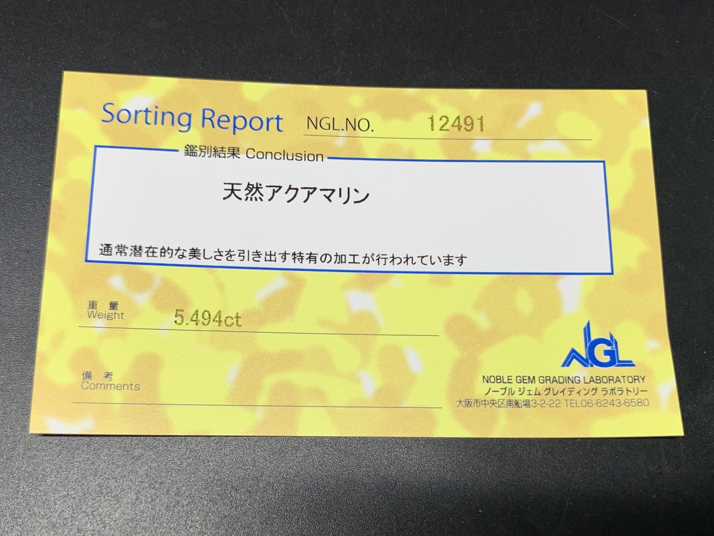 アクアマリン 5.494ct 宝石ソーティング付き 14.0㎜×9.9㎜×5.5㎜ ルース（ 裸石 ） 2694Y