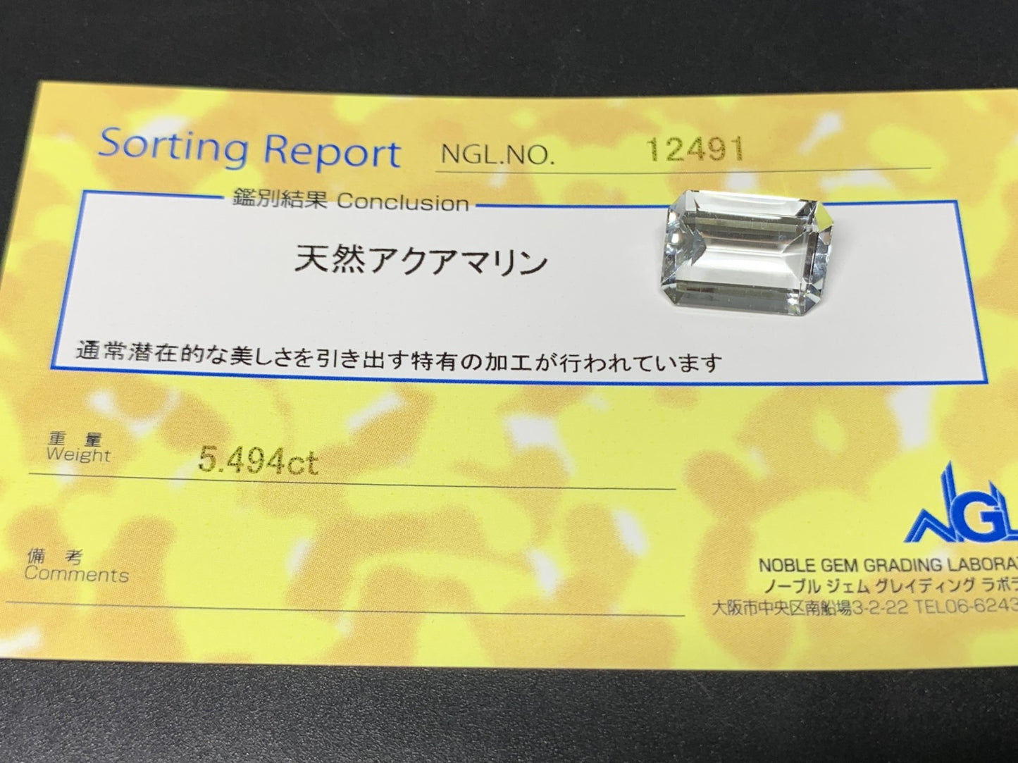 アクアマリン 5.494ct 宝石ソーティング付き 14.0㎜×9.9㎜×5.5㎜ ルース（ 裸石 ） 2694Y