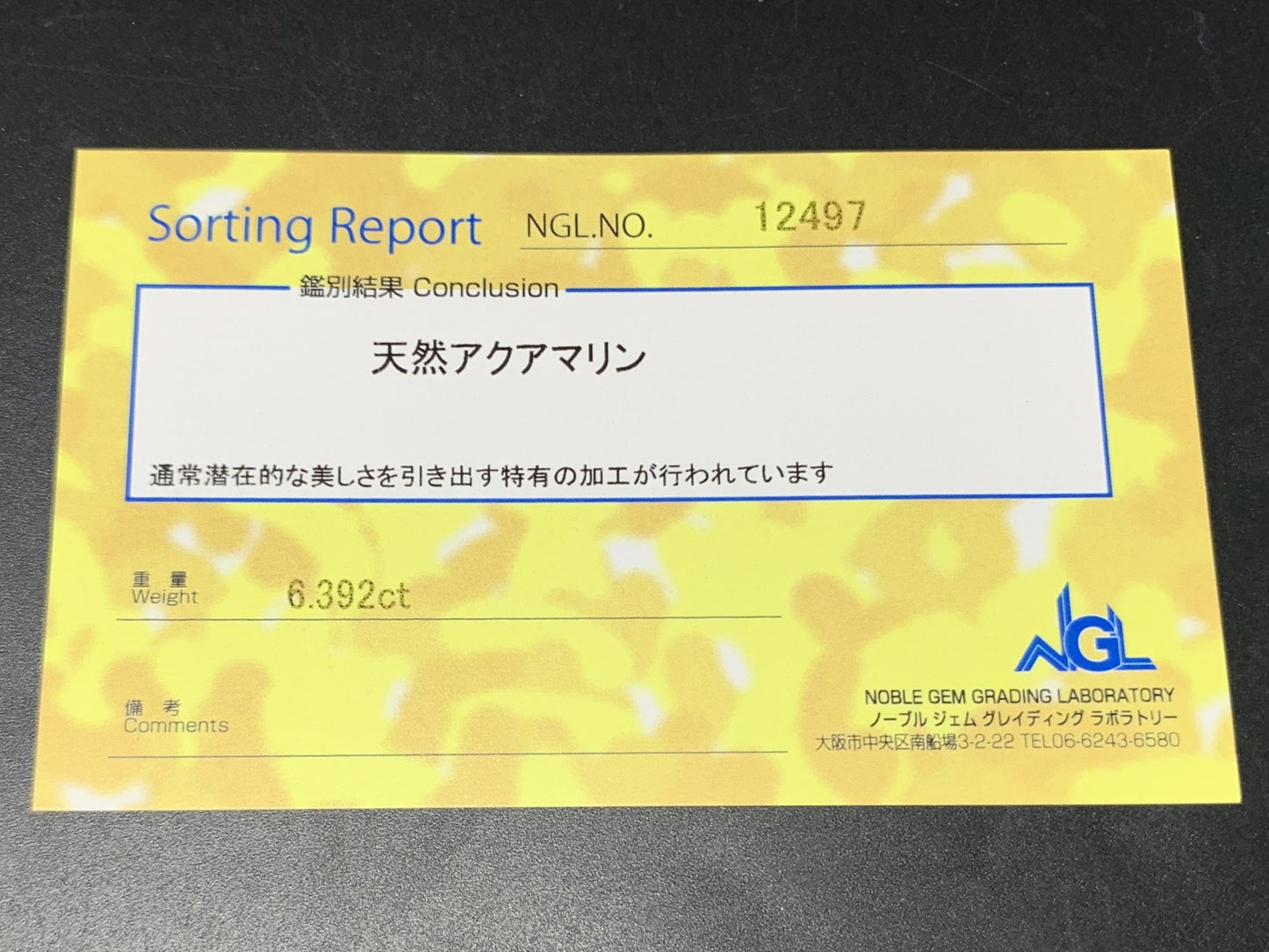 アクアマリン 6.392ct 宝石ソーティング付き 13.9㎜×10.0㎜×6.1㎜ ルース（ 裸石 ） 2701Y