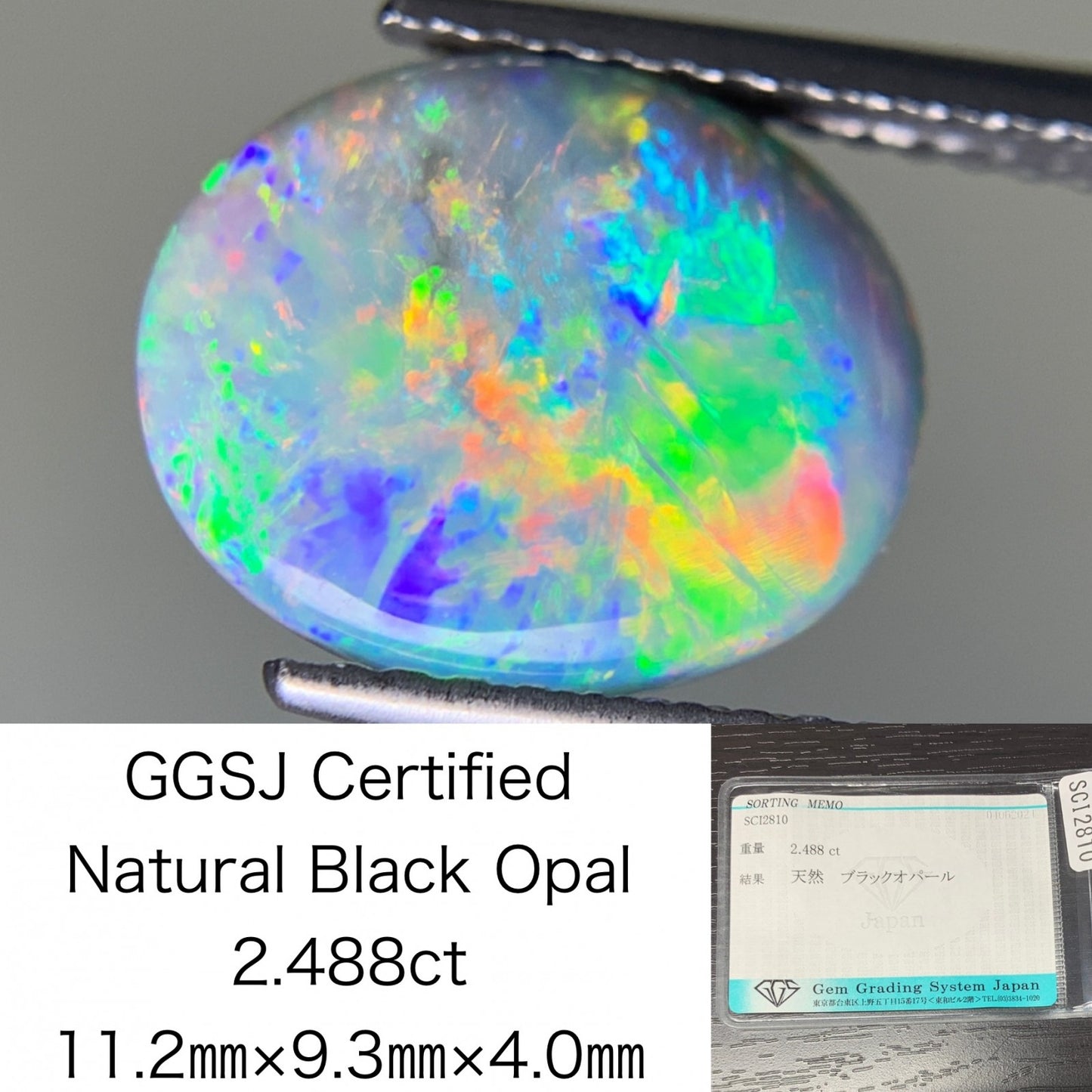 ブラックオパール 2.488ct  宝石ソーティング付き  11.2㎜×9.3㎜×4.0㎜  ルース（ 裸石 ） 1958Y