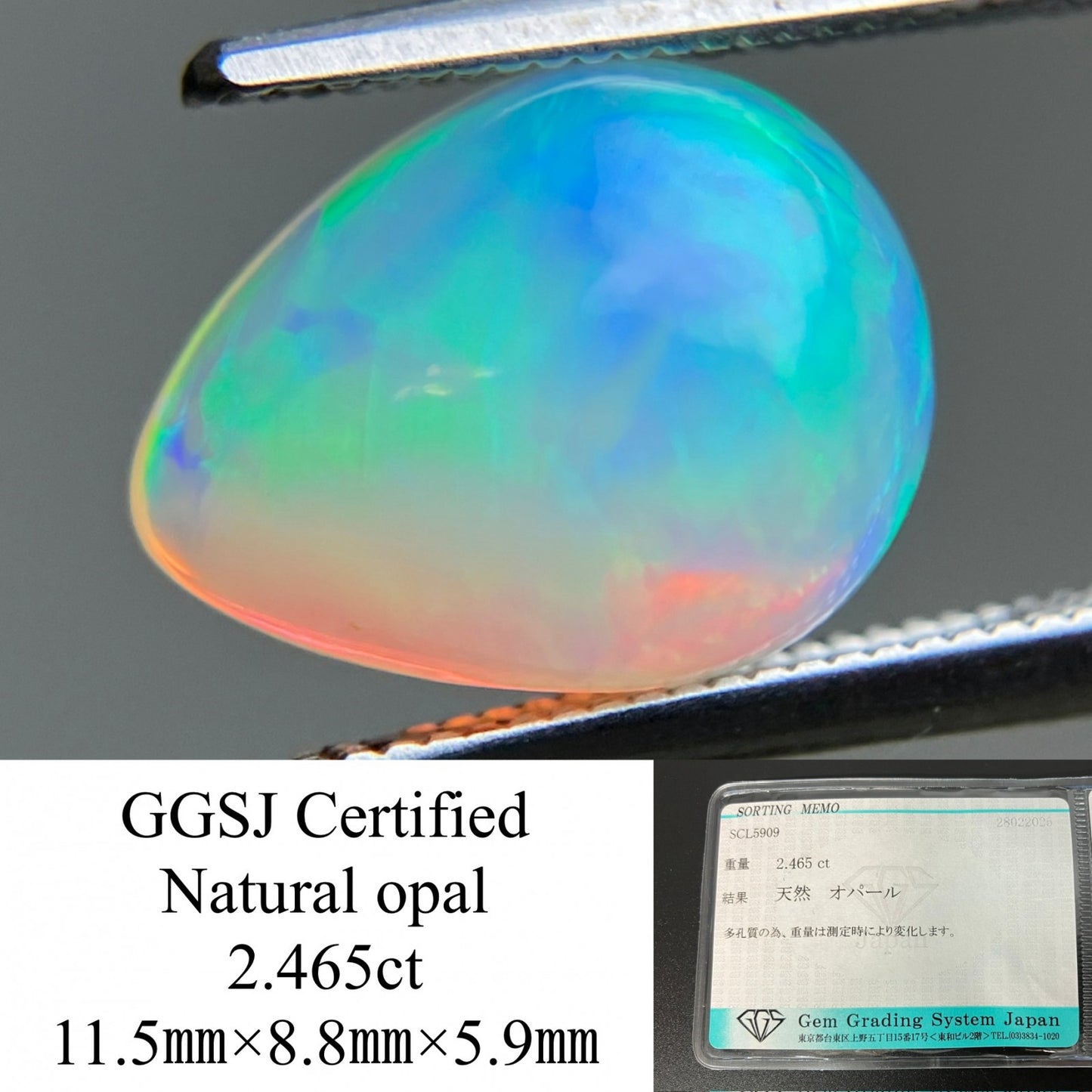 オパール 2.465ct 宝石ソーティング付き 11.5㎜×8.8㎜×5.9㎜ ルース（ 裸石 ） 4337YY