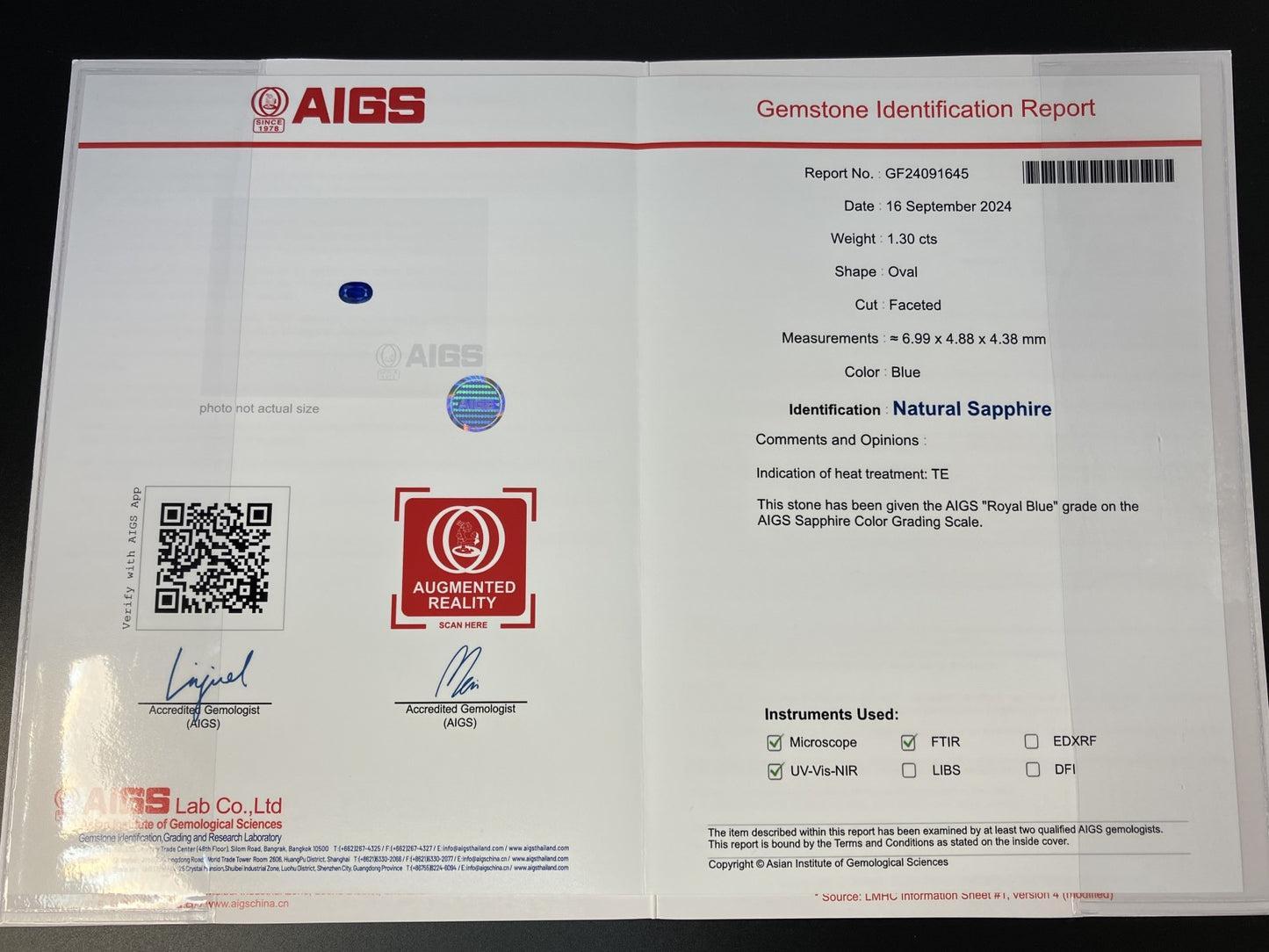 サファイア 1.30ct AIGS鑑別書付き ロイヤルブルー 6.99㎜×4.88㎜×4.38㎜ ルース（ 裸石 ） 2547YY