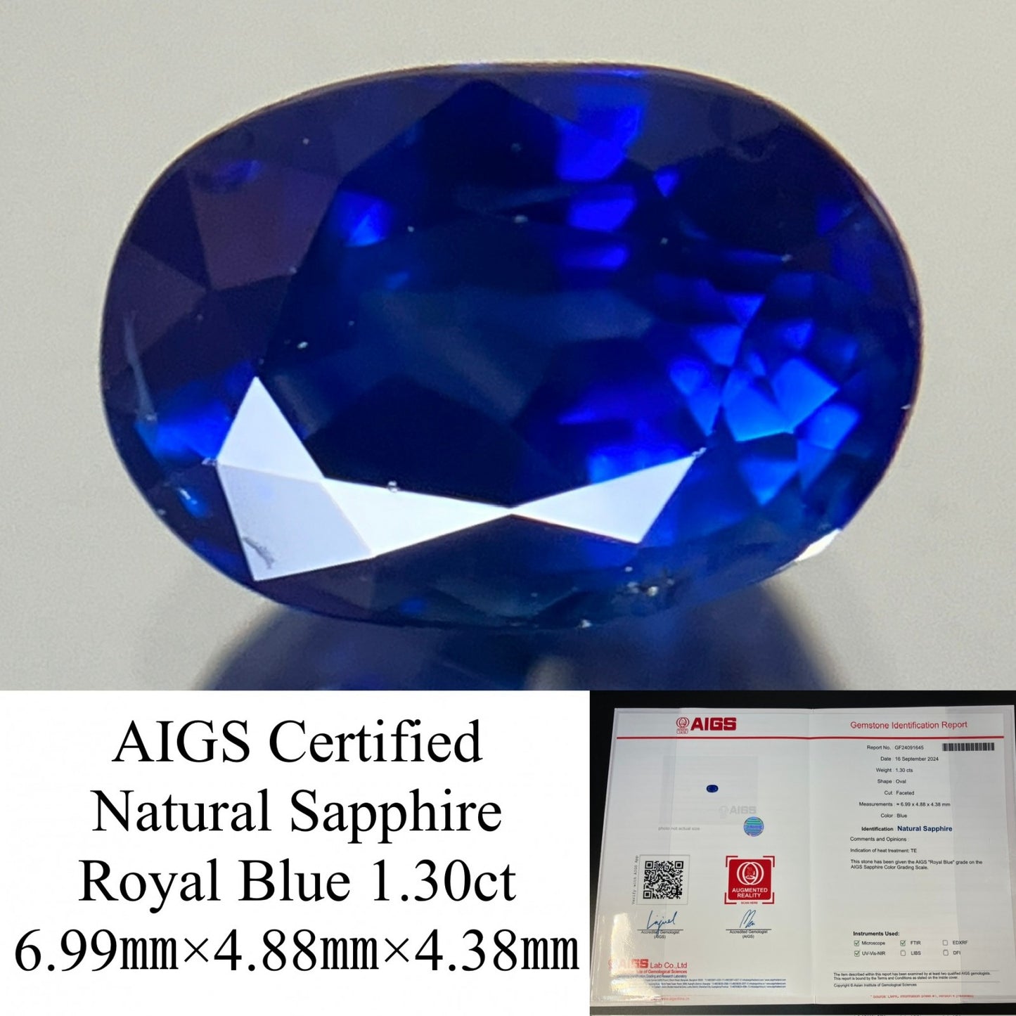 サファイア 1.30ct AIGS鑑別書付き ロイヤルブルー 6.99㎜×4.88㎜×4.38㎜ ルース（ 裸石 ） 2547YY