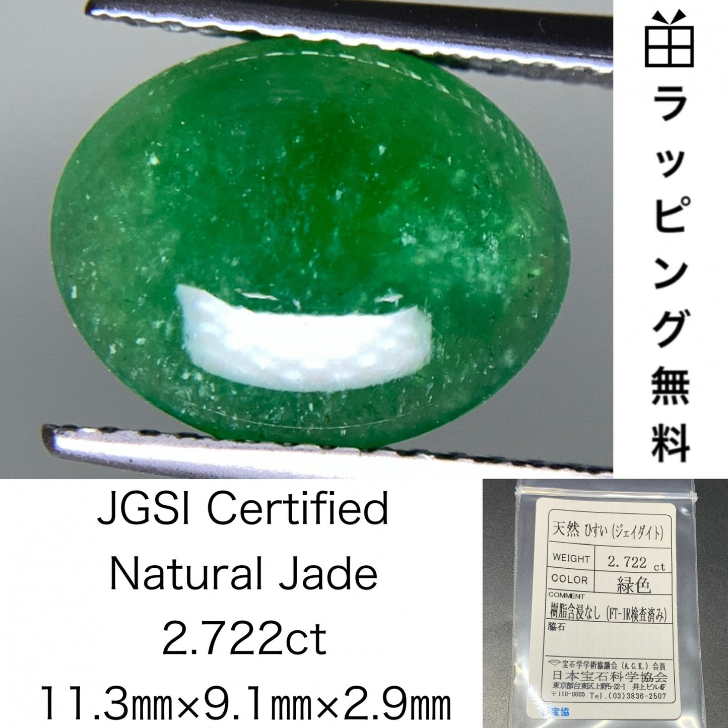 ひすい（ヒスイ 翡翠） 天然 2.722ct 宝石ソーティング付き 11.3㎜×9.1㎜×2.9㎜ ラッピング無料 ルース（ 裸石 ） 4840Y