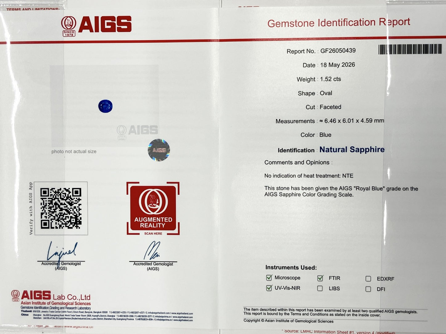 サファイア 1.52ct ロイヤルブルー royal blue 非加熱 no heat AIGS鑑別書 D0.75ct PT900 5.5g 指輪 （JP13号） サイズ直し無料 7204K