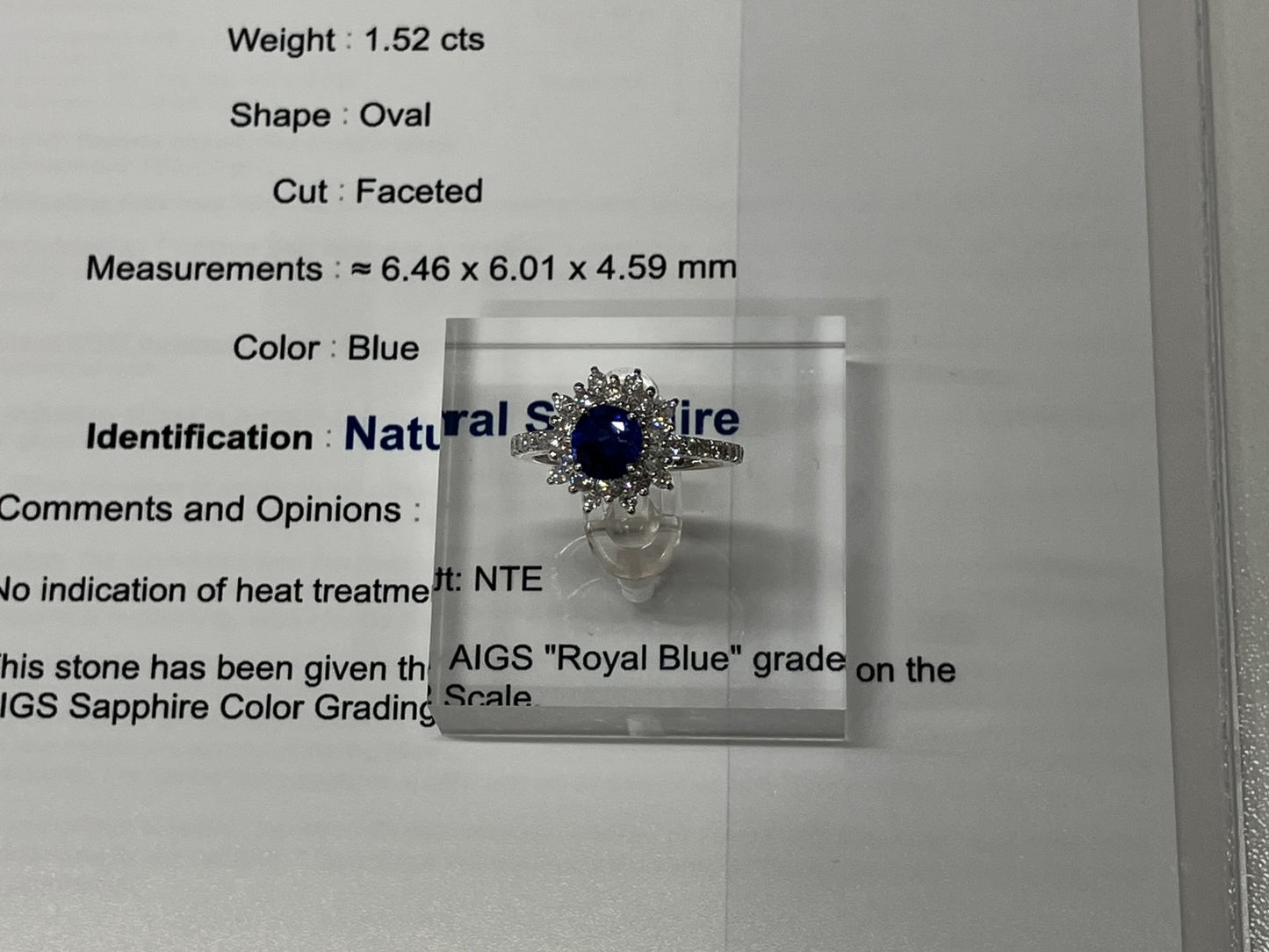 サファイア 1.52ct ロイヤルブルー royal blue 非加熱 no heat AIGS鑑別書 D0.75ct PT900 5.5g 指輪 （JP13号） サイズ直し無料 7204K
