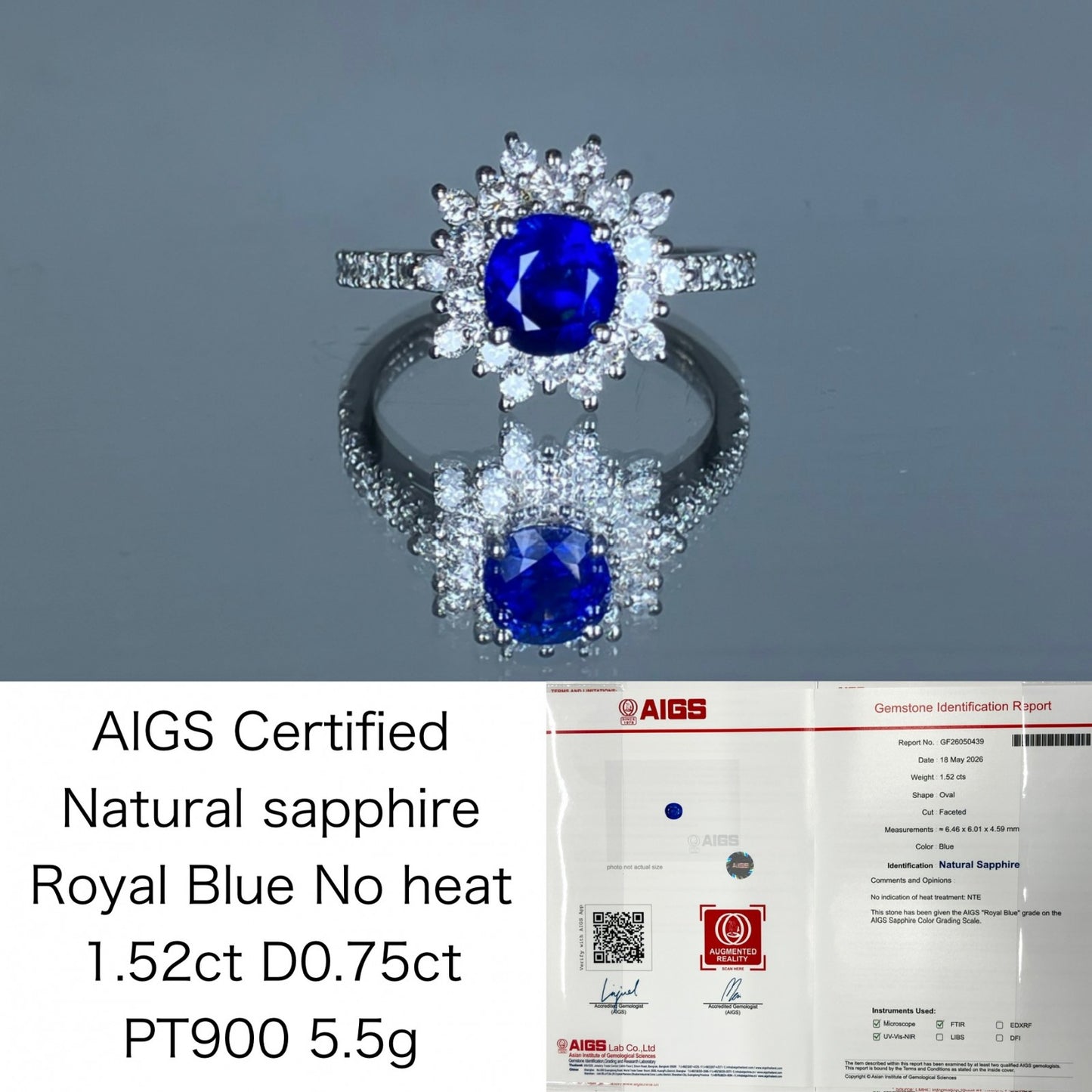 サファイア 1.52ct ロイヤルブルー royal blue 非加熱 no heat AIGS鑑別書 D0.75ct PT900 5.5g 指輪 （JP13号） サイズ直し無料 7204K
