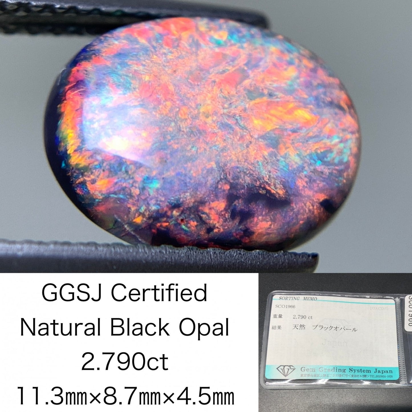 ブラックオパール 天然 2.790ct 宝石ソーティング付き 11.3㎜×8.7㎜×4.5㎜ ルース（ 裸石 ） 6822Y