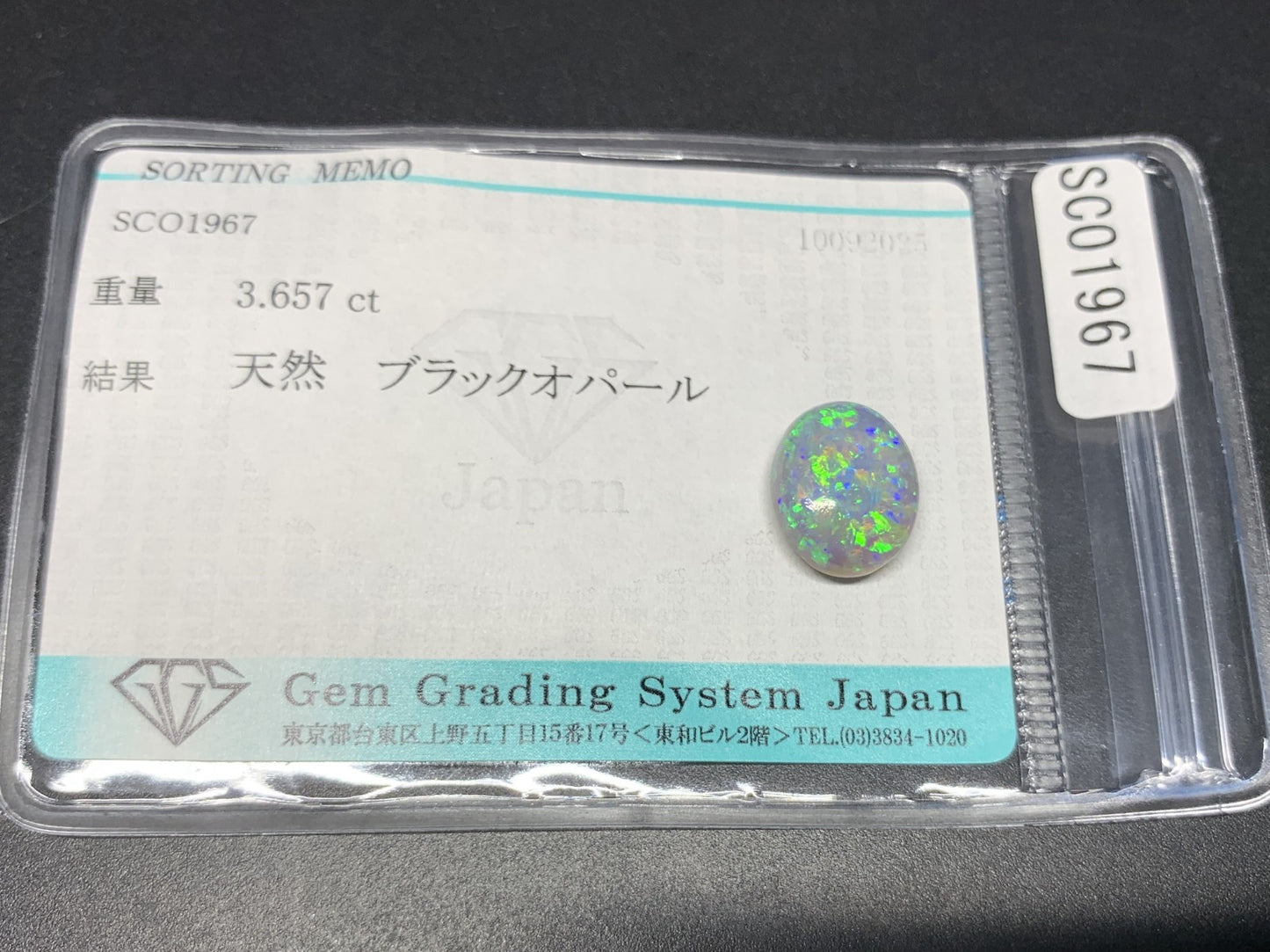 ブラックオパール 天然 3.657ct 宝石ソーティング付き 11.9㎜×10.0㎜×5.1㎜ ルース（ 裸石 ） 6834Y