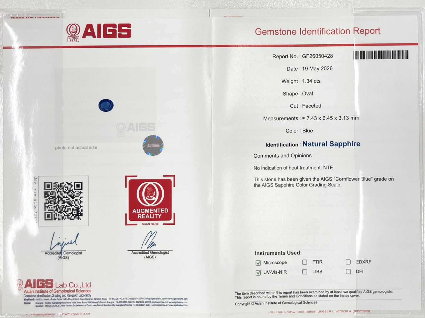 サファイア 1.34ct コンフラワーブルー 非加熱 AIGS鑑別書 D0.72ct PT900 5.2g 指輪 （JP13号） サイズ直し無料 9427K