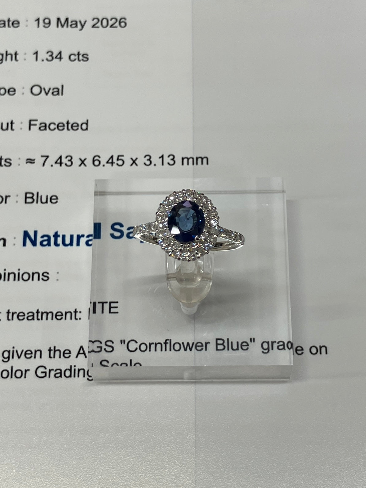 サファイア 1.34ct コンフラワーブルー 非加熱 AIGS鑑別書 D0.72ct PT900 5.2g 指輪 （JP13号） サイズ直し無料 9427K