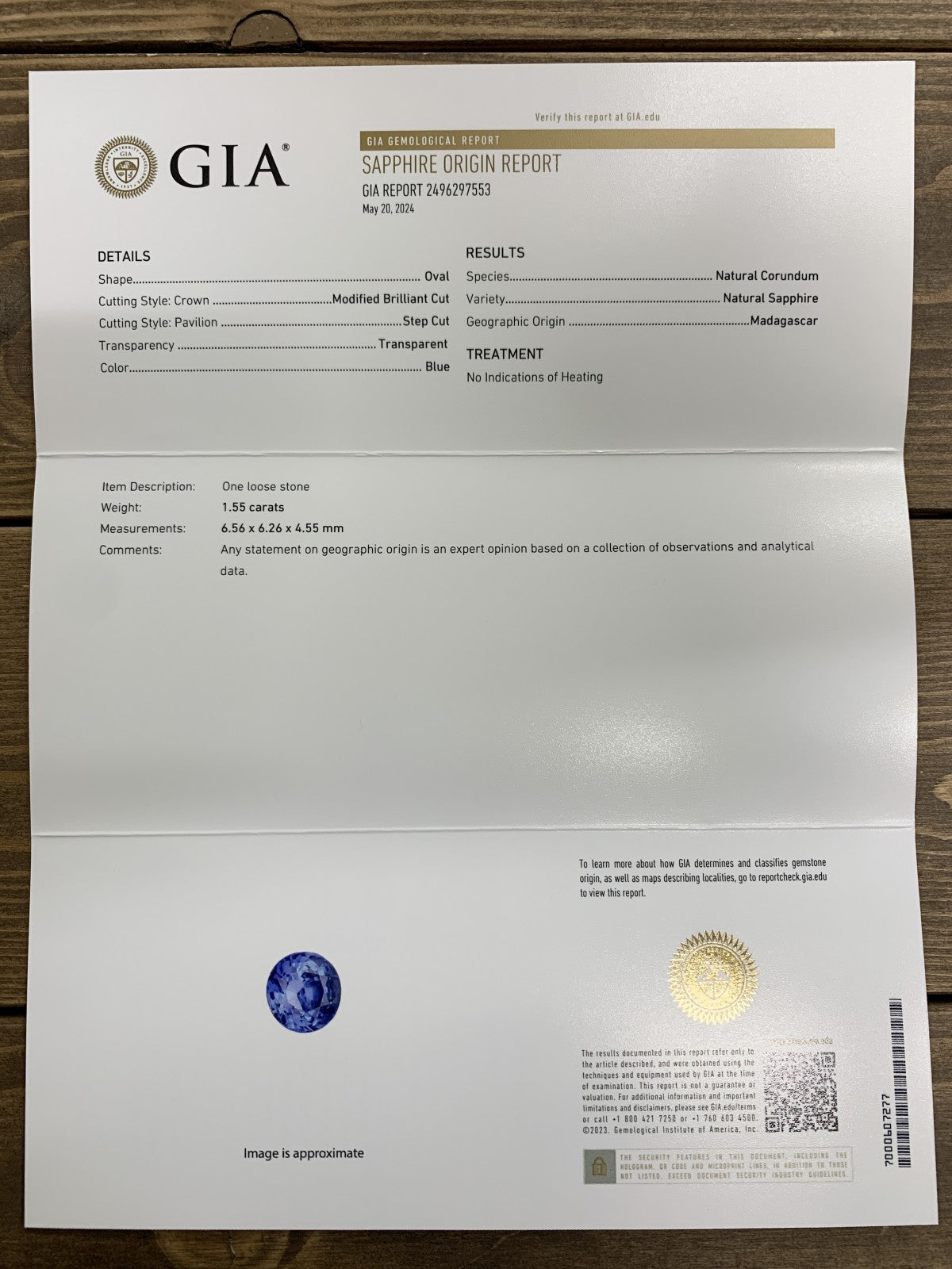 サファイア  1.55ct  GIA宝石鑑別書付き  Madagascar  No heat  6.56㎜×6.26㎜×4.55㎜  ルース（ 裸石 ）   1704Y