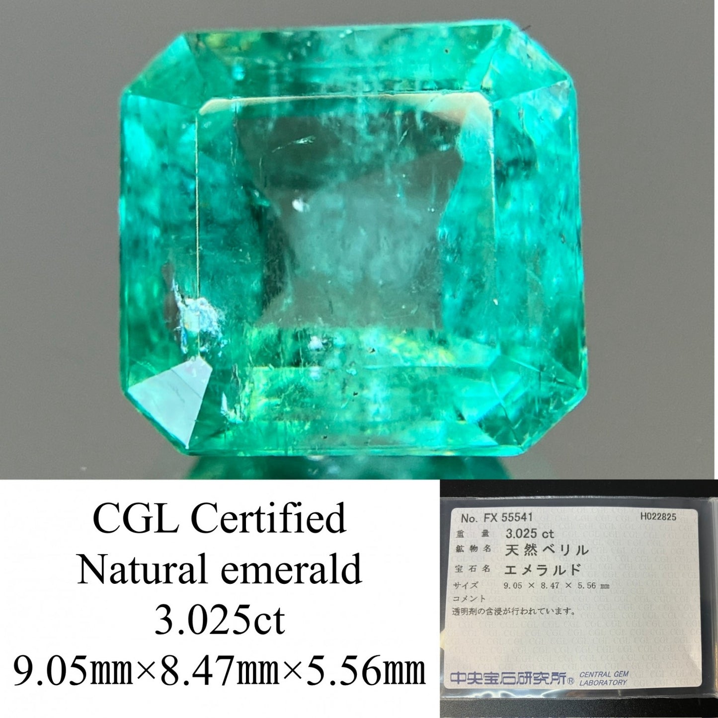 エメラルド 3.025ct 中央宝石ソーティング付き 9.05㎜×8.47㎜×5.56㎜ ルース（ 裸石 ） 4173YY