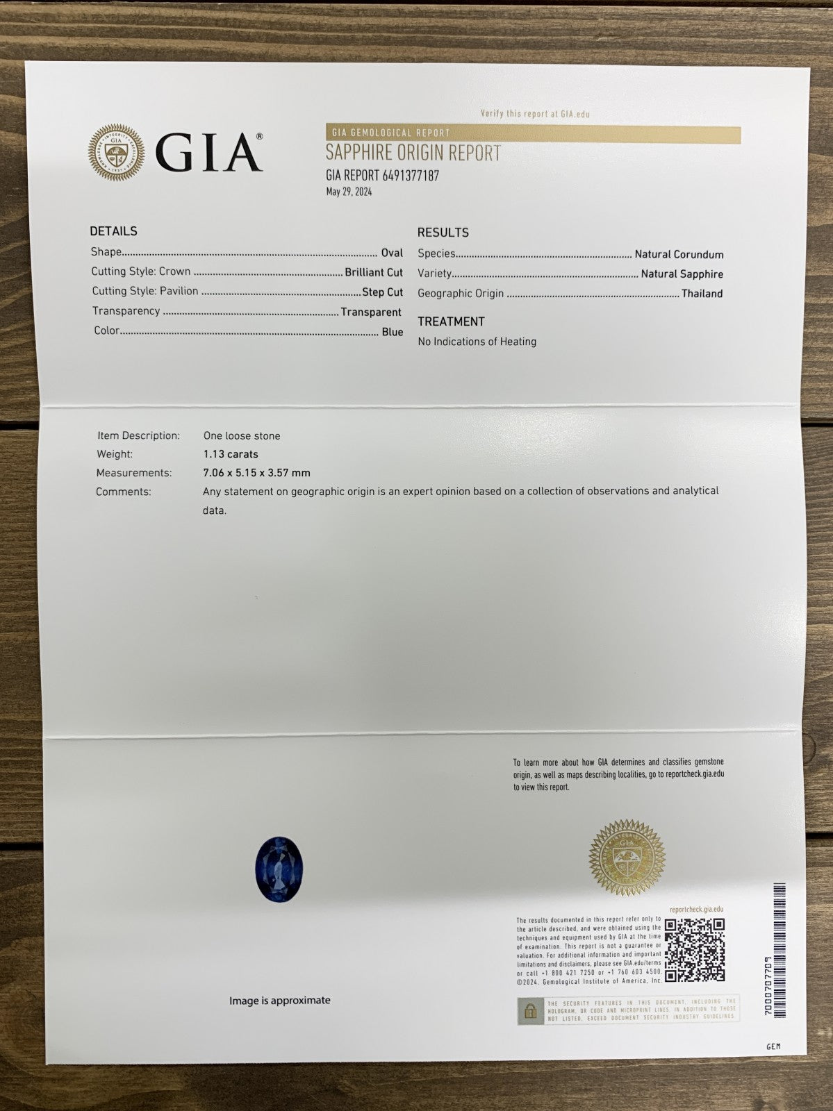 サファイア  1.13ct  GIA宝石鑑別書付き  Thailand  No heat  7.06㎜×5.15㎜×3.57㎜  ルース（ 裸石 ）   1712Y