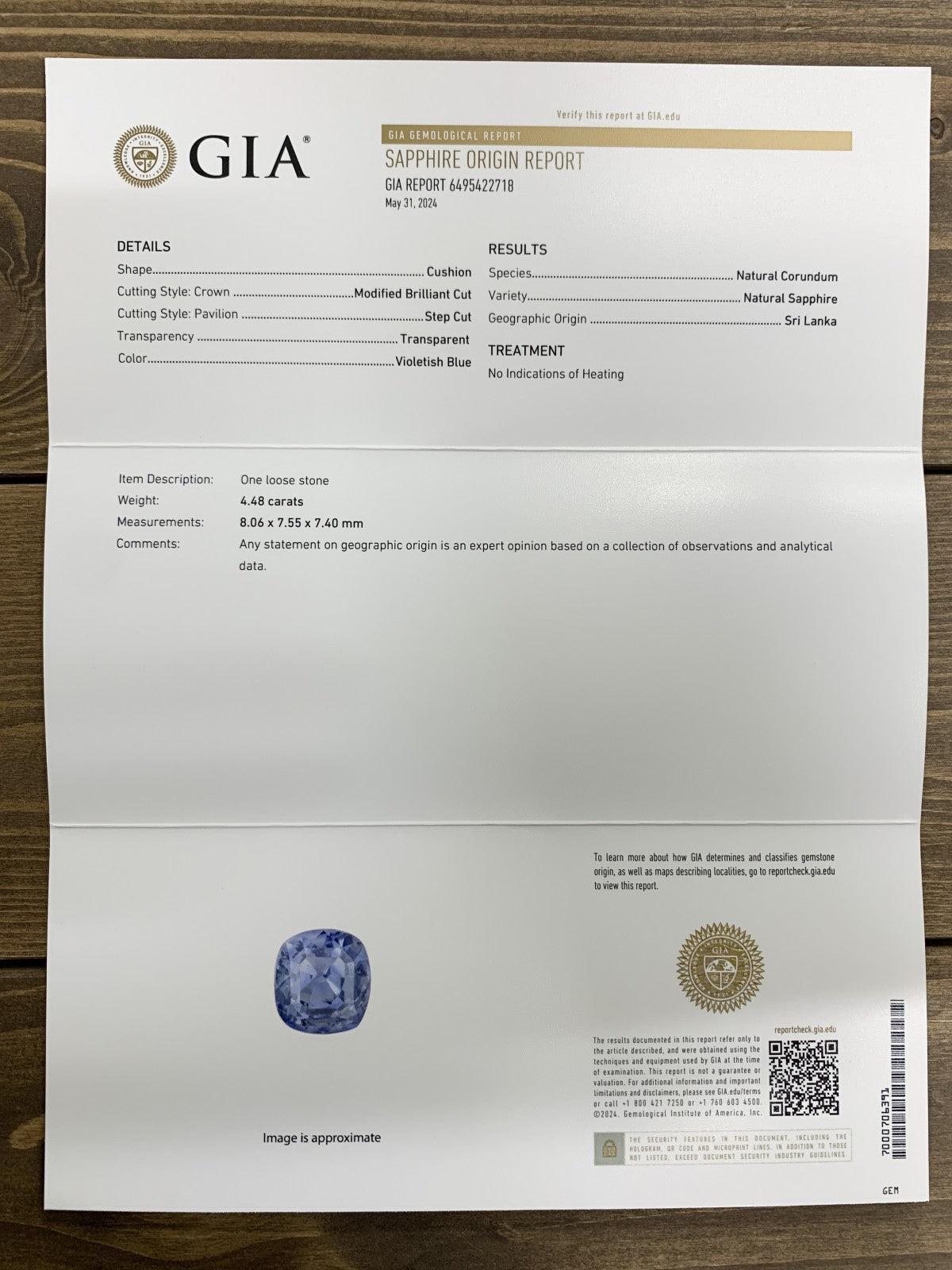 サファイア  4.48ct  GIA宝石鑑別書付き  Sri Lanka  No heat  8.06㎜×7.55㎜×7.40㎜  ルース（ 裸石 ）   1775Y