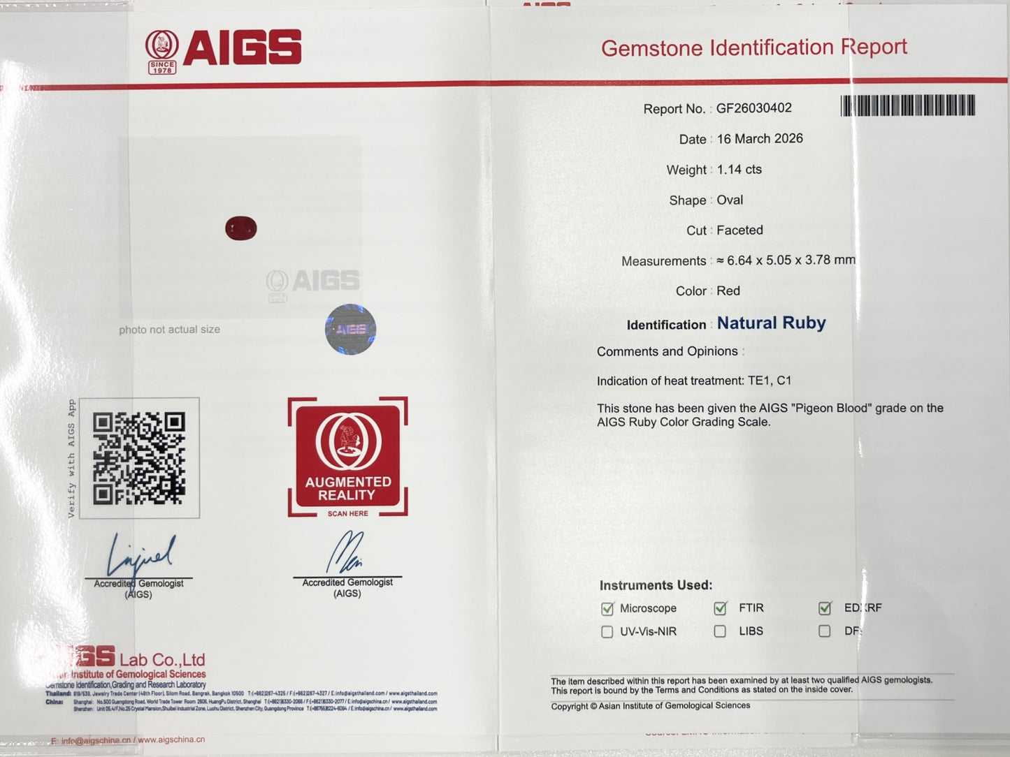 ルビー 1.14ct ピジョンブラッド Pigeon Blood AIGS鑑別書 D0.31ct PT900 4.3g 指輪 （JP13号） サイズ直し無料 7671K