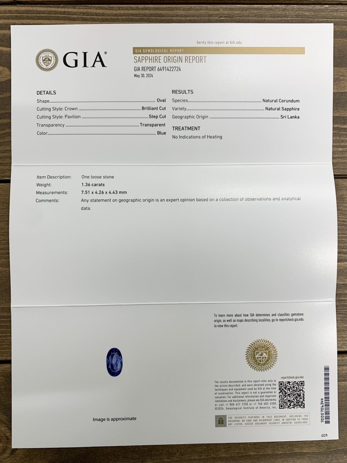 サファイア  1.36ct  GIA宝石鑑別書付き  Sri Lanka  No heat  7.51㎜×4.26㎜×4.43㎜  ルース（ 裸石 ）   1818Y