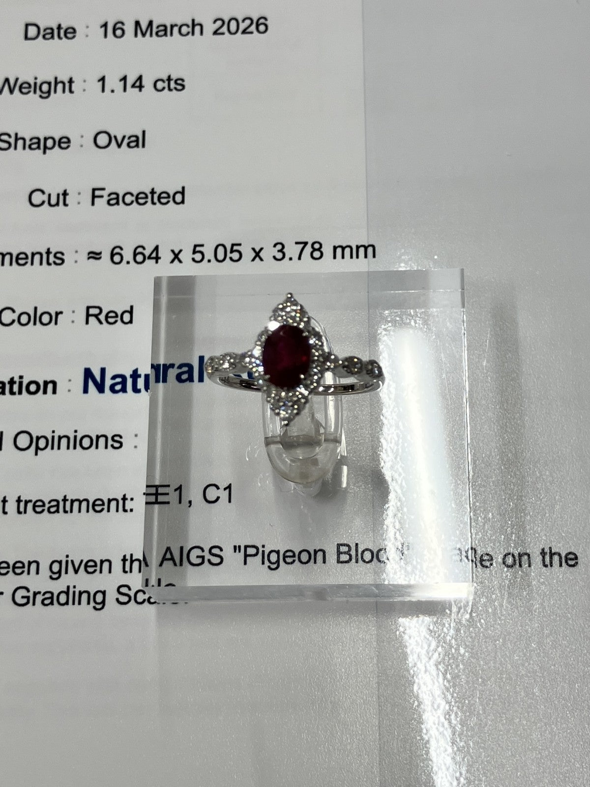 ルビー 1.14ct ピジョンブラッド Pigeon Blood AIGS鑑別書 D0.31ct PT900 4.3g 指輪 （JP13号） サイズ直し無料 7671K