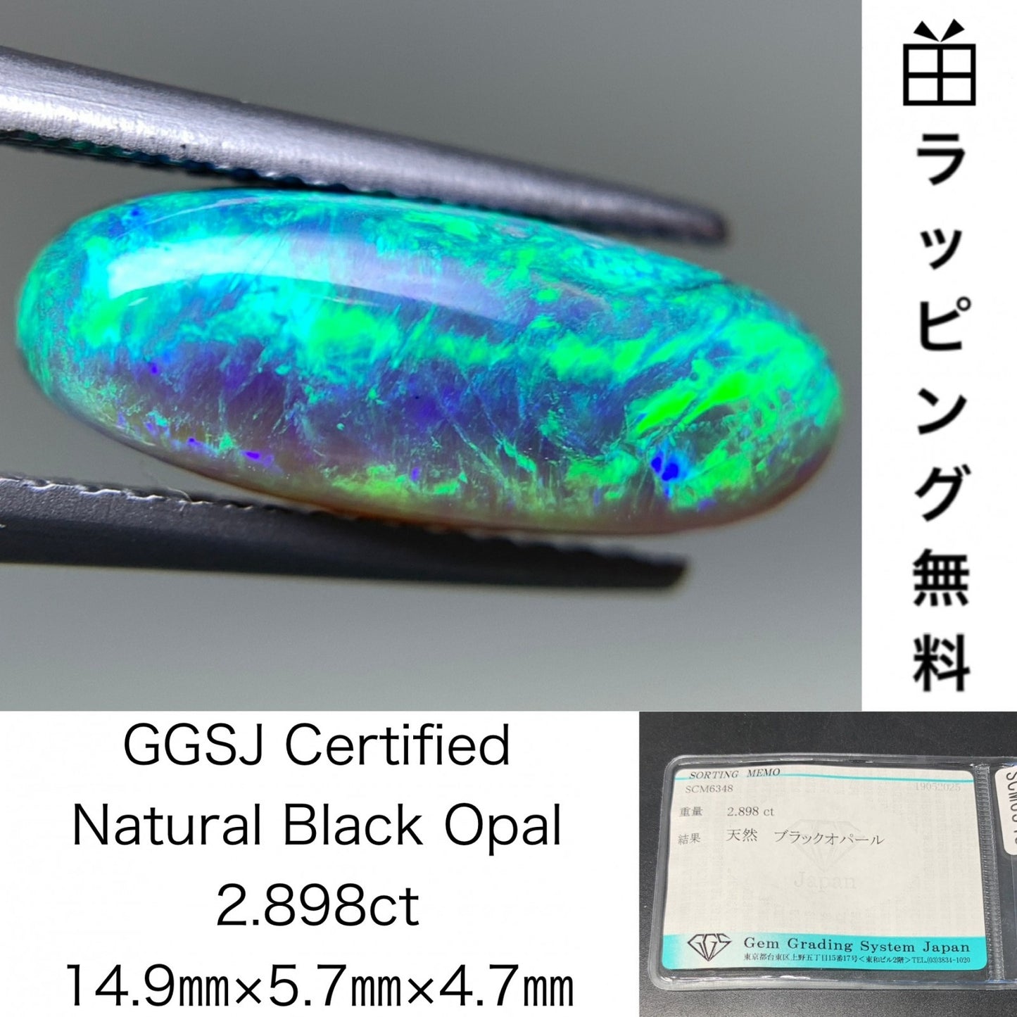 ブラックオパール  天然  2.898ct  宝石ソーティング付き  14.9㎜×5.7㎜×4.7㎜  ラッピング無料  ルース（ 裸石 ）  5023Y