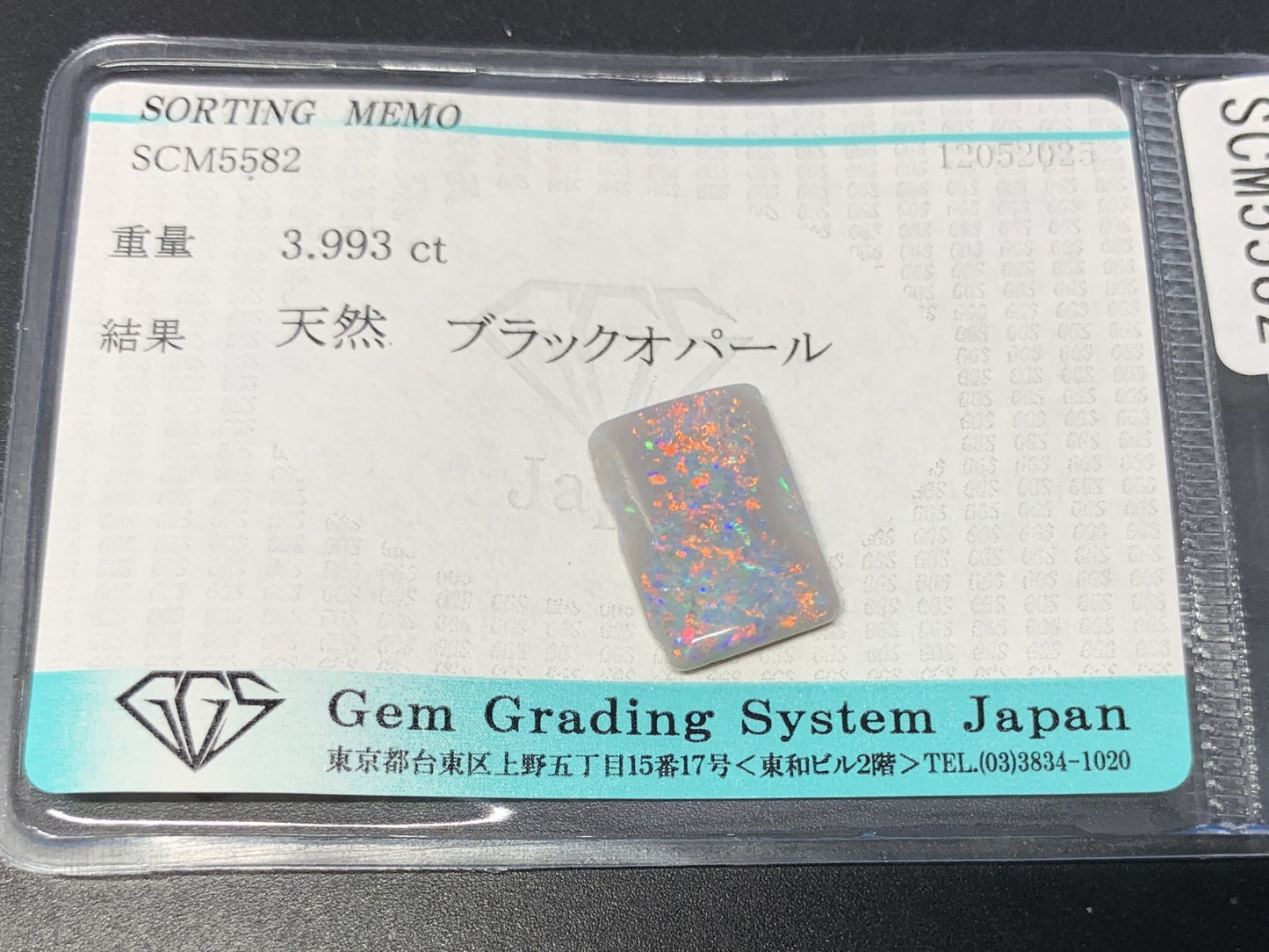 ブラックオパール 天然 3.993ct 宝石ソーティング付き 15.0㎜×10.6㎜×3.3㎜ ラッピング無料 ルース（ 裸石 ） 4880Y