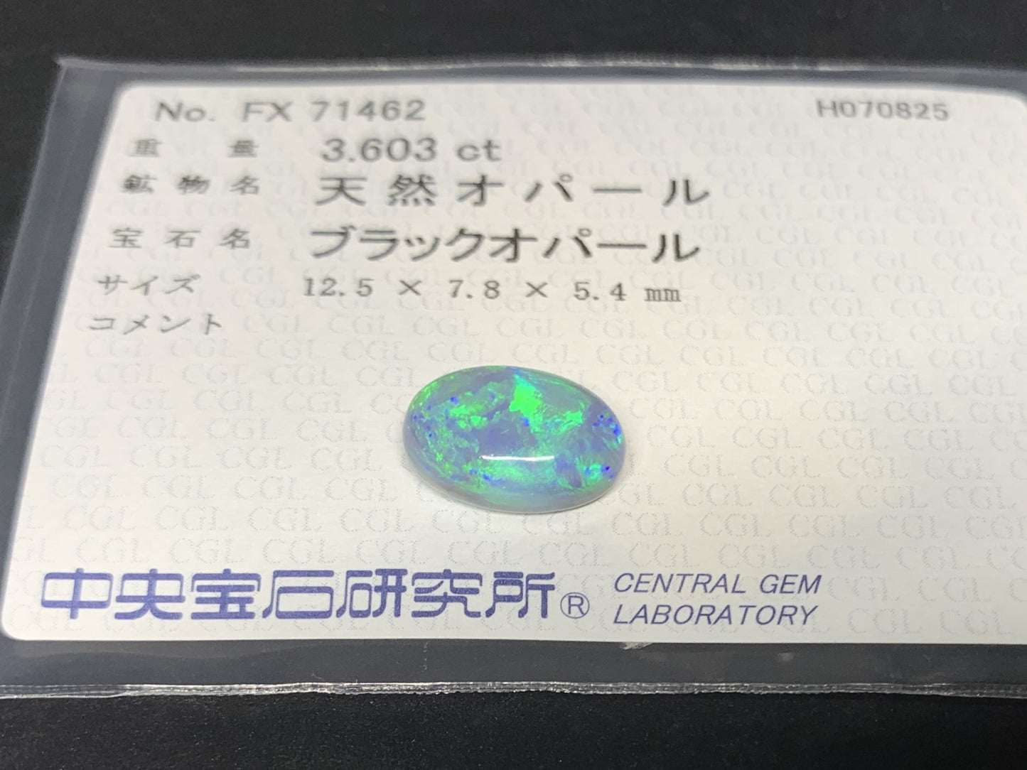 ブラックオパール（両面遊色） 天然 3.603ct 中央宝石ソーティング付き 12.5㎜×7.8㎜×5.4㎜ ルース（ 裸石 ） 5801Y