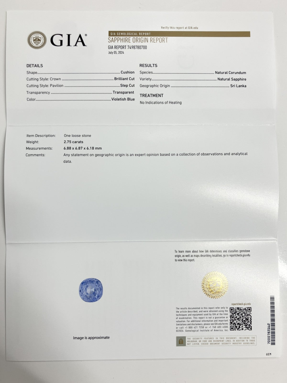 サファイア 非加熱 No heat　スリランカ産 2.75ct GIA宝石鑑別書付き  6.88㎜×6.87㎜×6.18㎜ ルース（ 裸石 ） 2164S