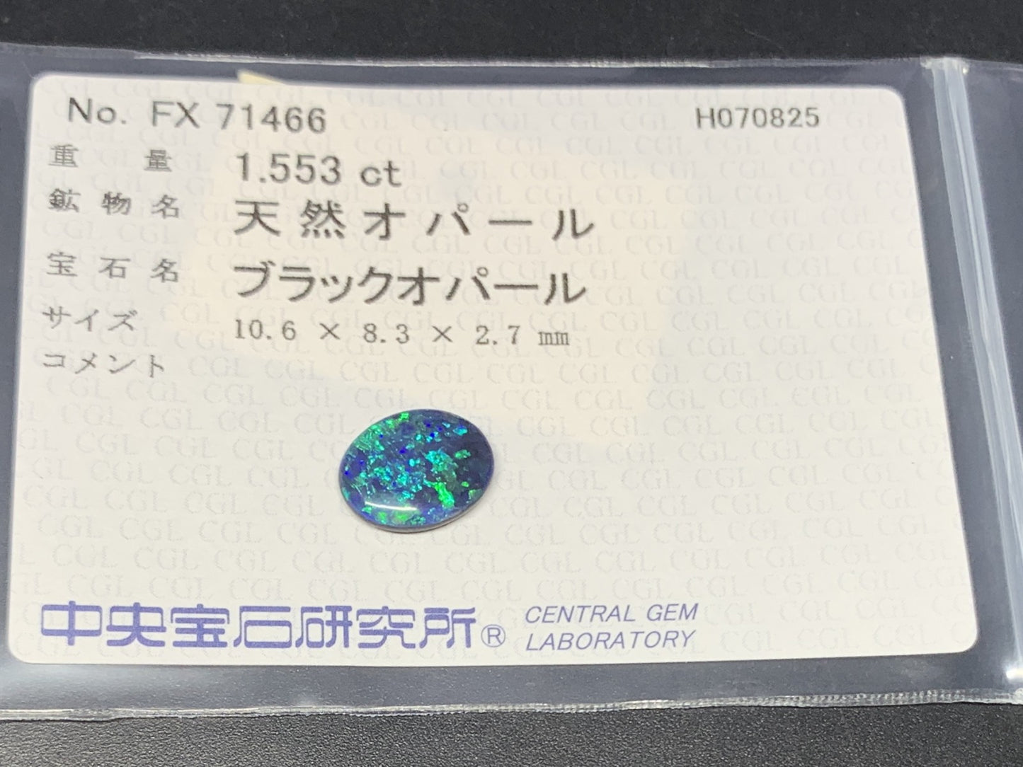 ブラックオパール 天然  1.553ct  中央宝石ソーティング付き  10.6㎜×8.3㎜×2.7㎜  ルース（ 裸石 ） 5895Y