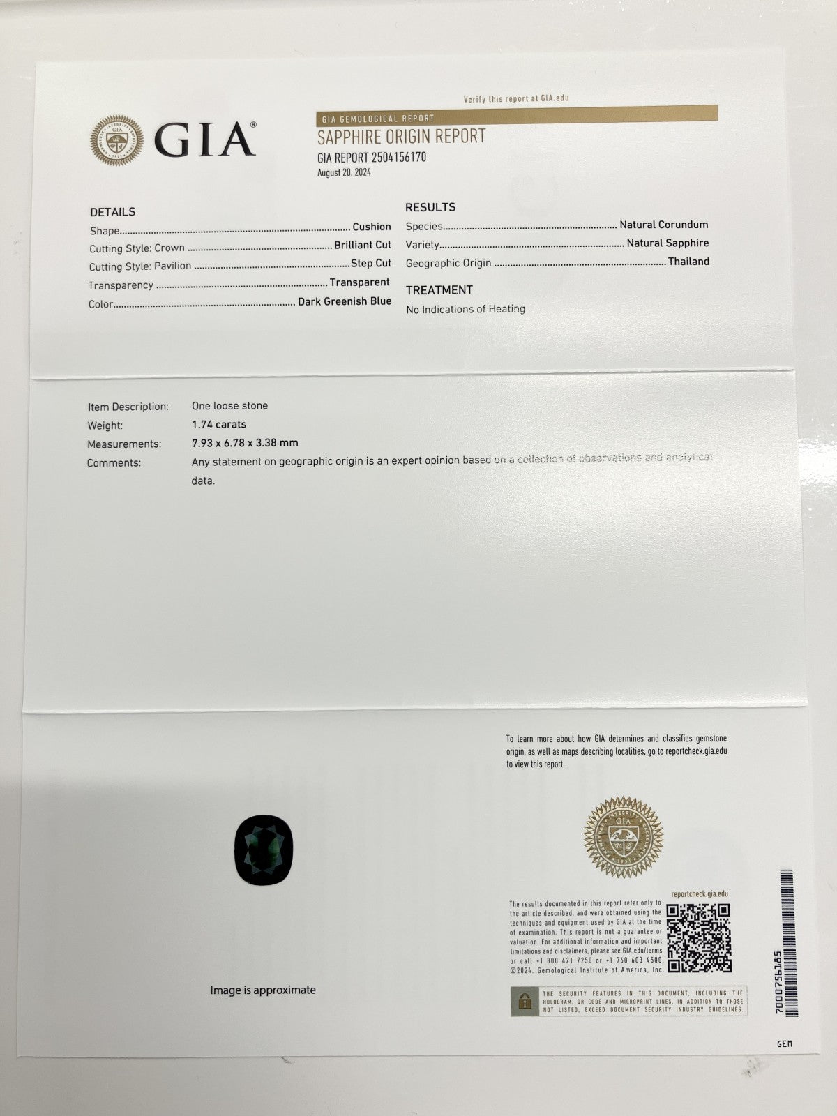 天然サファイア 非加熱 タイ産 1.74ct GIA鑑別書付き  7.93㎜×6.78㎜×3.38㎜ ルース（ 裸石 ） 2398S