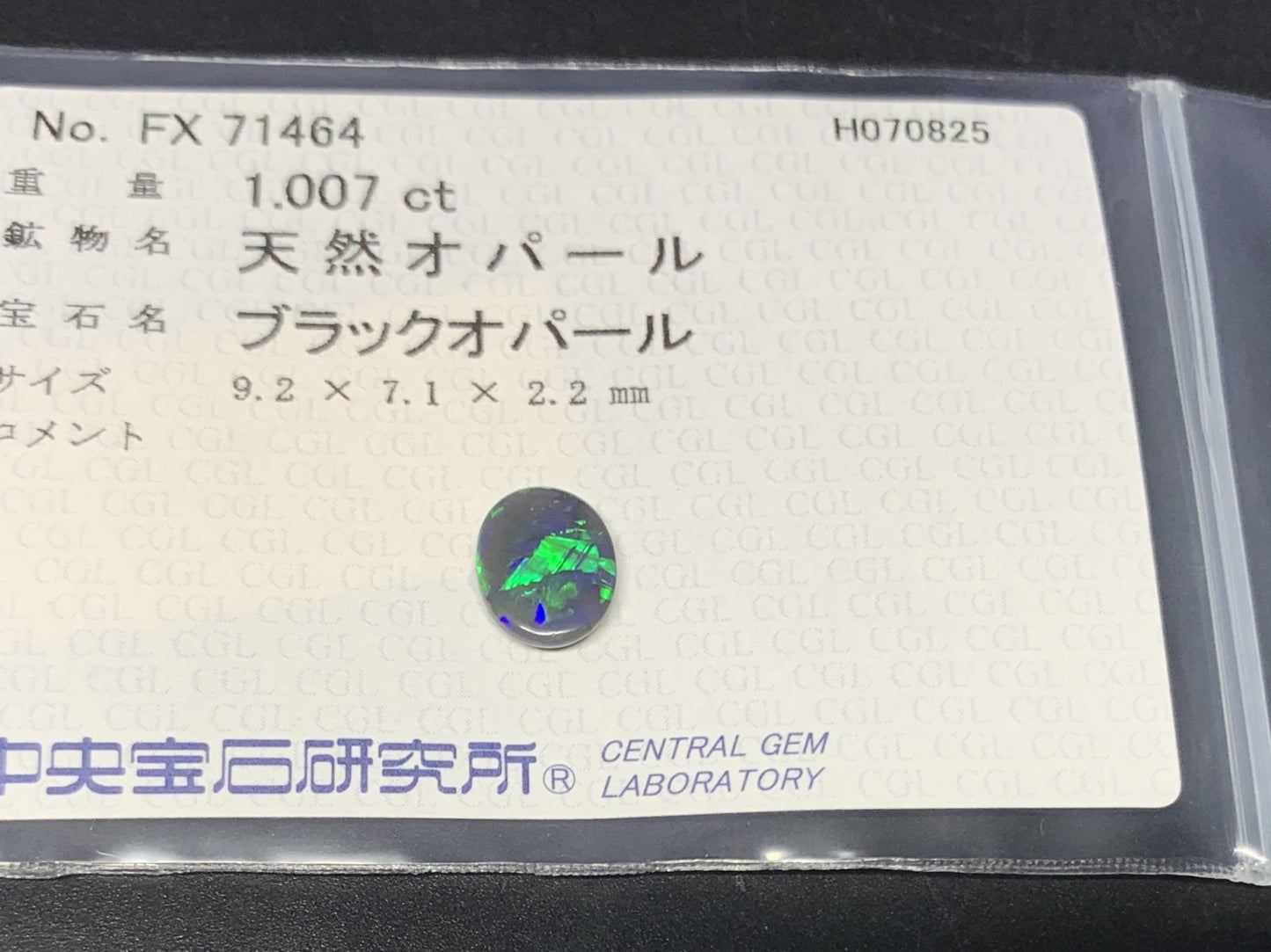 ブラックオパール 天然  1.007ct  中央宝石ソーティング付き  9.2㎜×7.1㎜×2.2㎜  ルース（ 裸石 ） 5840Y