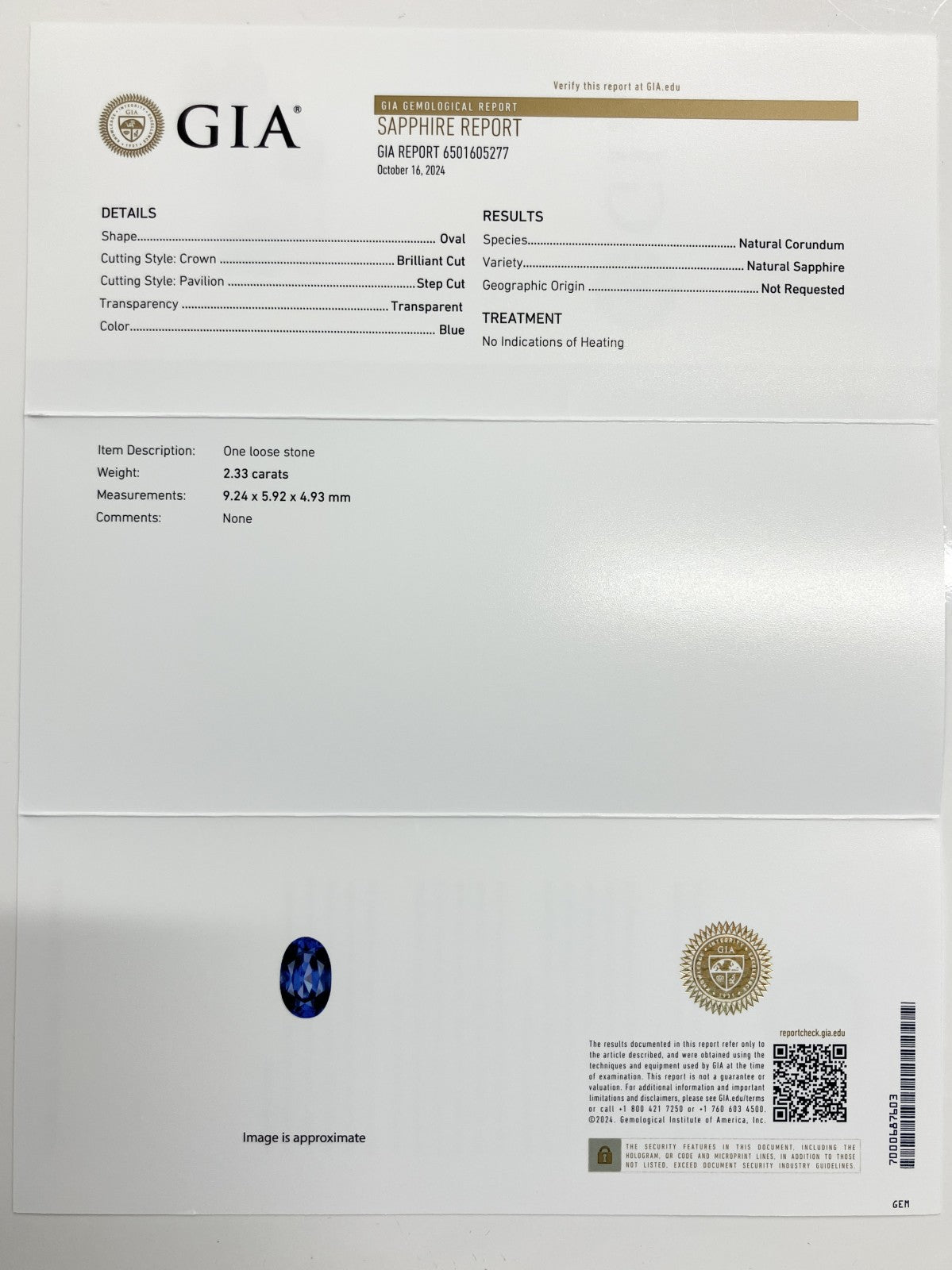 天然サファイア 非加熱 2.33ct GIA鑑別書付き  9.24㎜×5.92㎜×4.93㎜ ルース（ 裸石 ） 2868S