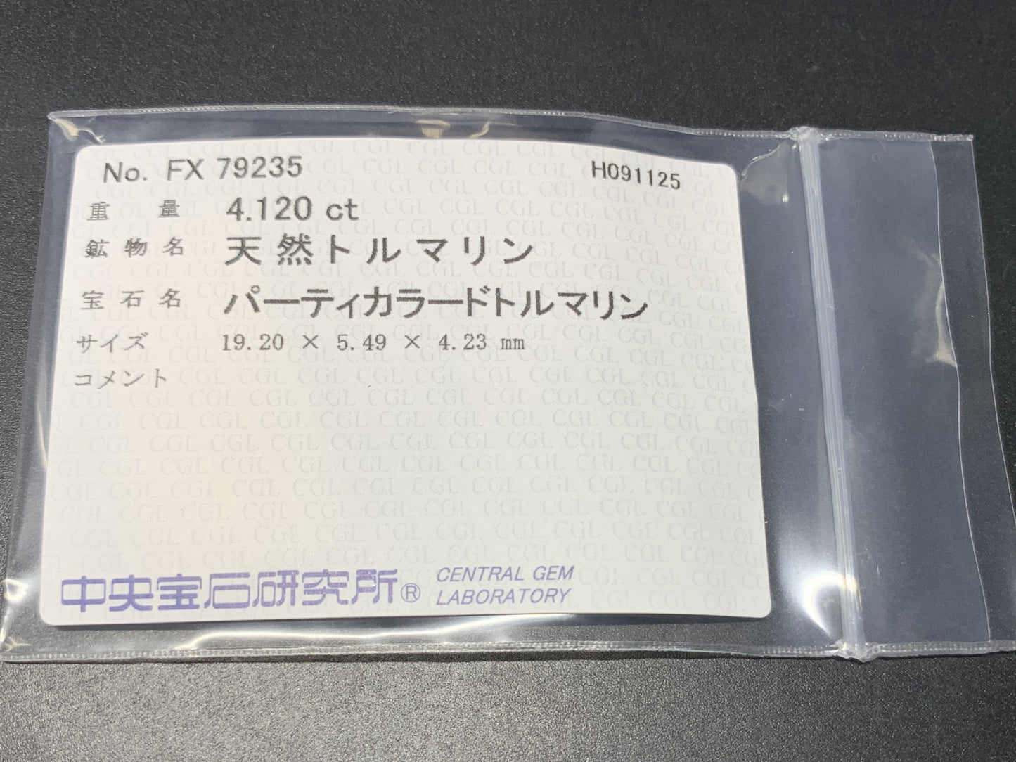 パーティカラードトルマリン 天然 4.120ct 中央宝石ソーティング付き 19.20㎜×5.49㎜×4.23㎜ ルース（ 裸石 ） 6812Y