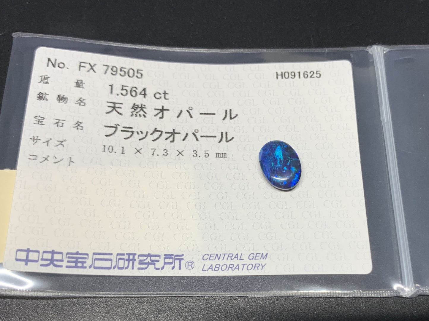 ブラックオパール 天然 1.564ct 中央宝石ソーティング付き 10.1㎜×7.3㎜×3.5㎜ ルース（ 裸石 ） 6833Y
