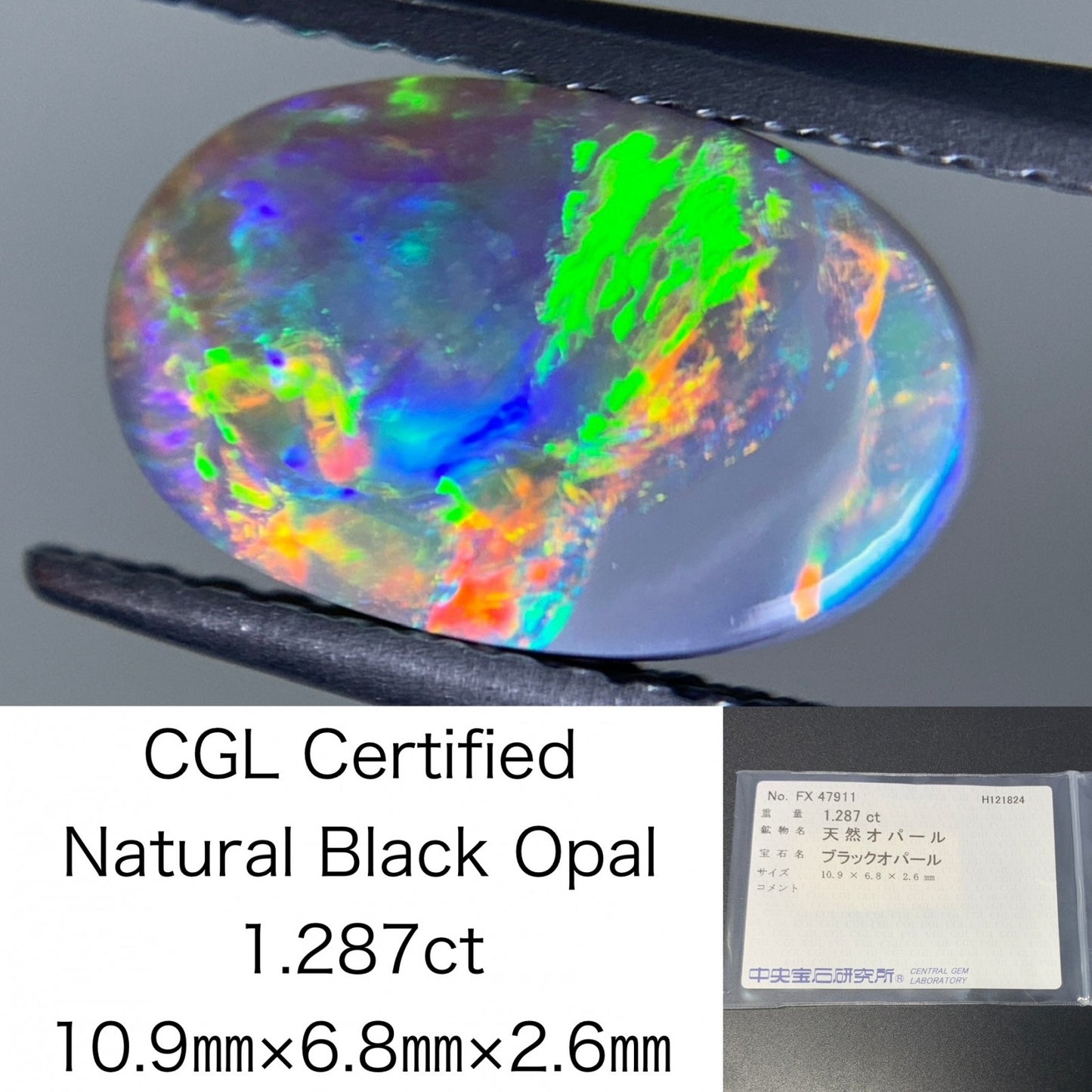 ブラックオパール 1.287ct 中央宝石ソーティング付き 10.9㎜×6.8㎜×2.6㎜ ルース（ 裸石 ） 3532Y
