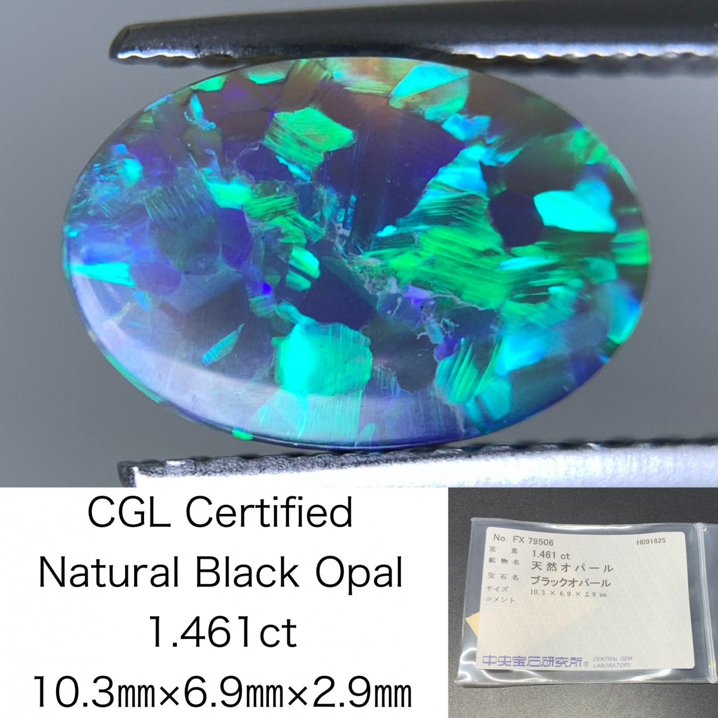 ブラックオパール 天然 1.461ct 中央宝石ソーティング付き 10.3㎜×6.9㎜×2.9㎜ ルース（ 裸石 ） 6837Y