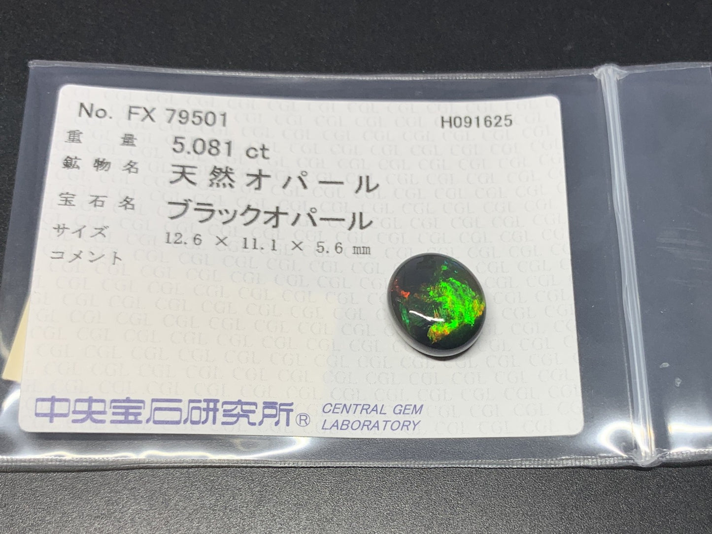 ブラックオパール 天然 5.081ct 中央宝石ソーティング付き 12.6㎜×11.1㎜×5.6㎜ ルース（ 裸石 ） 6756Y