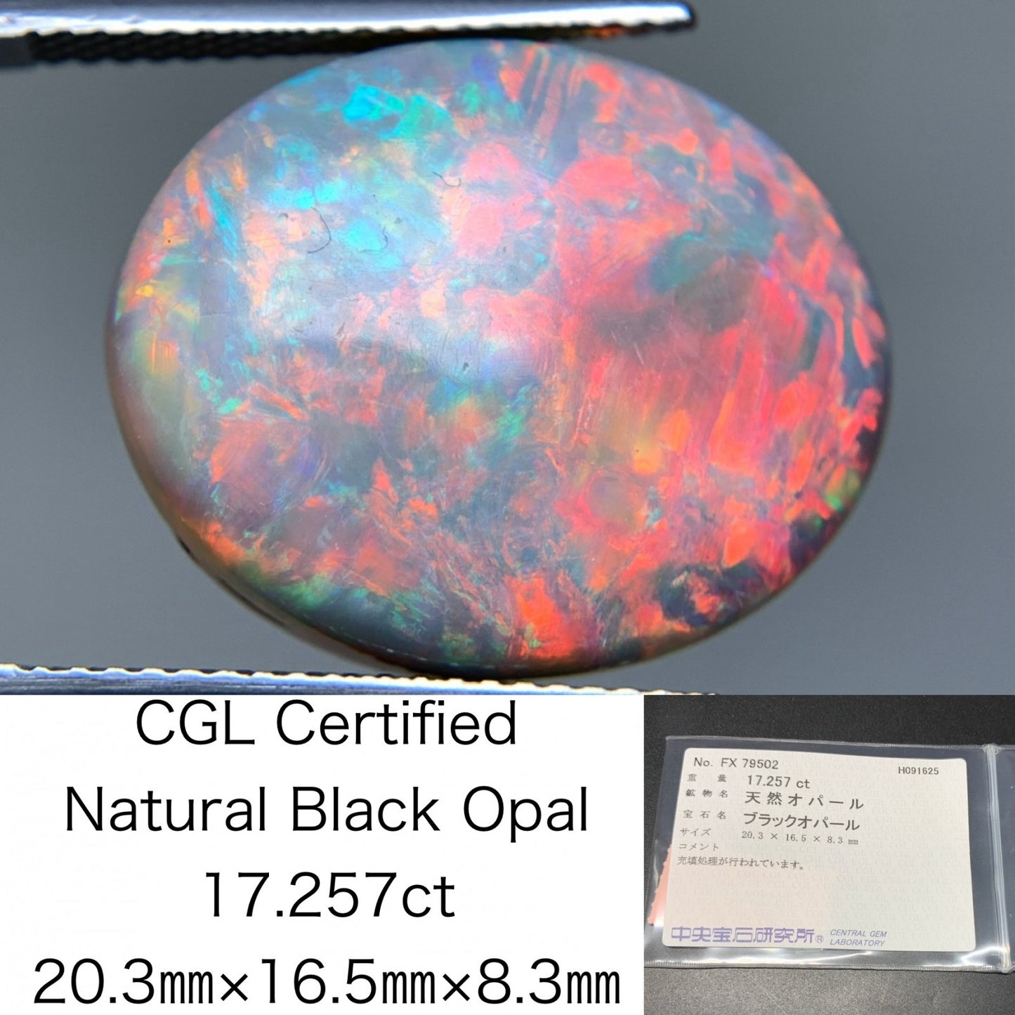ブラックオパール 天然 17.257ct 中央宝石ソーティング付き 20.3㎜×16.5㎜×8.3㎜ ルース（ 裸石 ） 6814Y