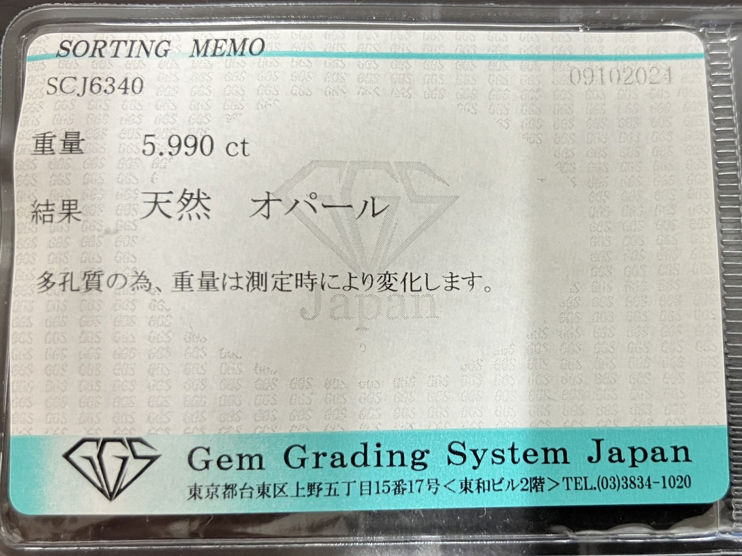 ハニカムオパール 宝石ソーティング付き  5.990ct　 縦19.1㎜×横12.2㎜×高さ5.5㎜　 ルース（ 裸石 ）　 2910YY