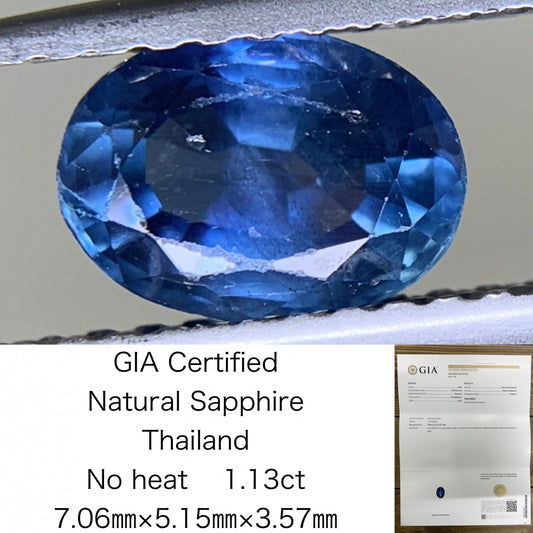 サファイア  1.13ct  GIA宝石鑑別書付き  Thailand  No heat  7.06㎜×5.15㎜×3.57㎜  ルース（ 裸石 ）   1712Y