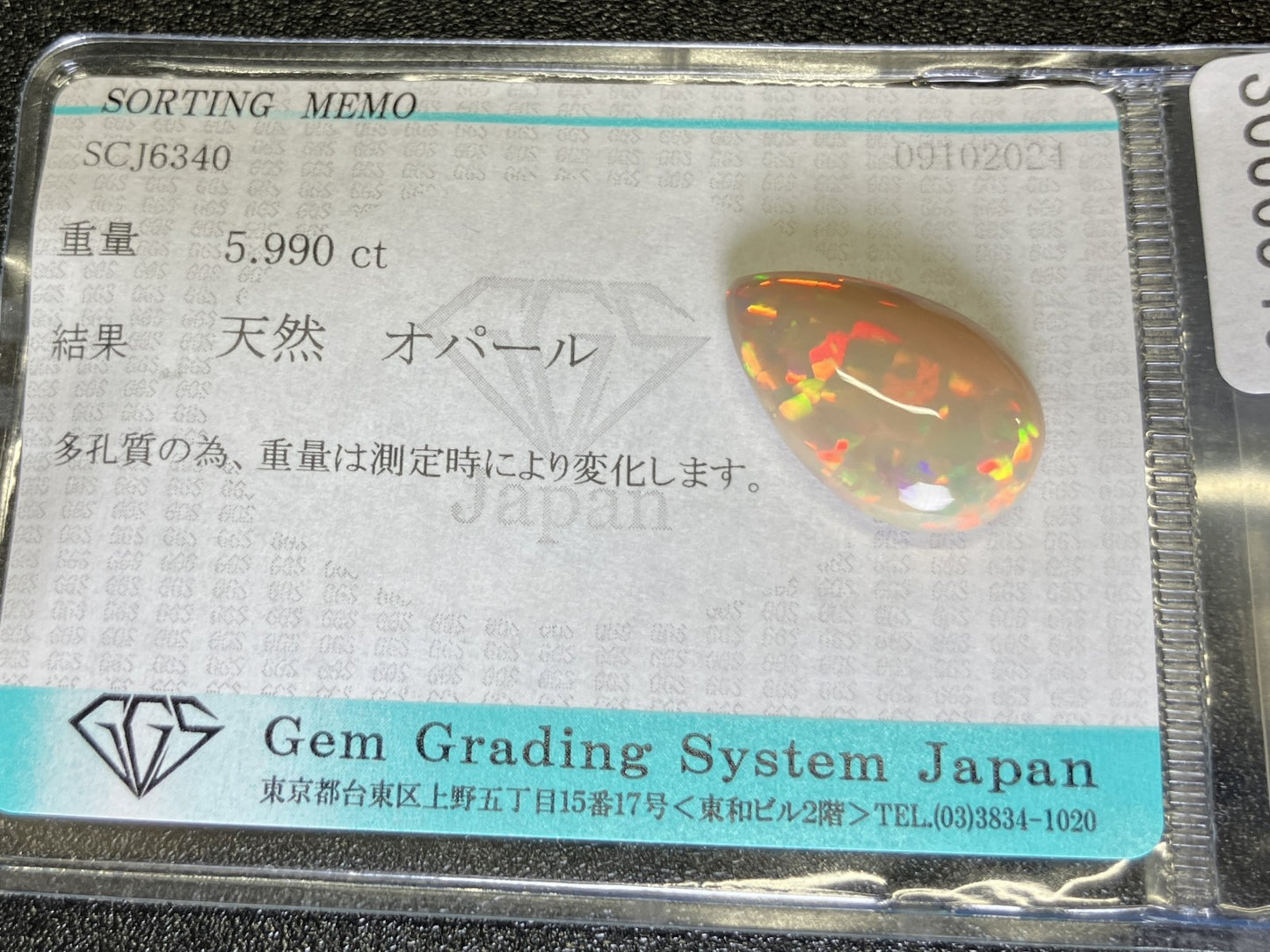 ハニカムオパール 宝石ソーティング付き  5.990ct　 縦19.1㎜×横12.2㎜×高さ5.5㎜　 ルース（ 裸石 ）　 2910YY