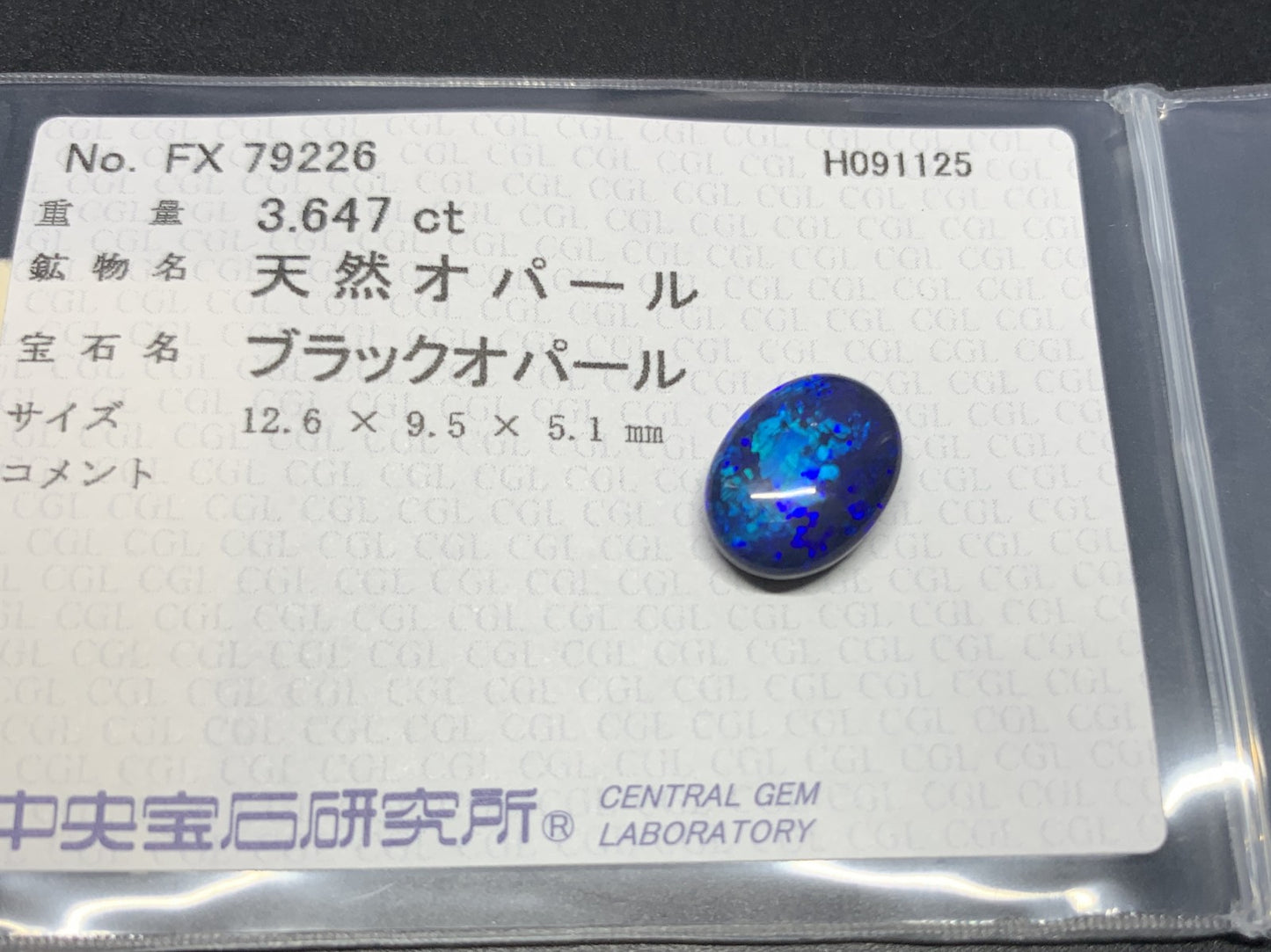 ブラックオパール 天然 3.647ct 中央宝石ソーティング付き 12.6㎜×9.5㎜×5.1㎜ ルース（ 裸石 ） 6741Y