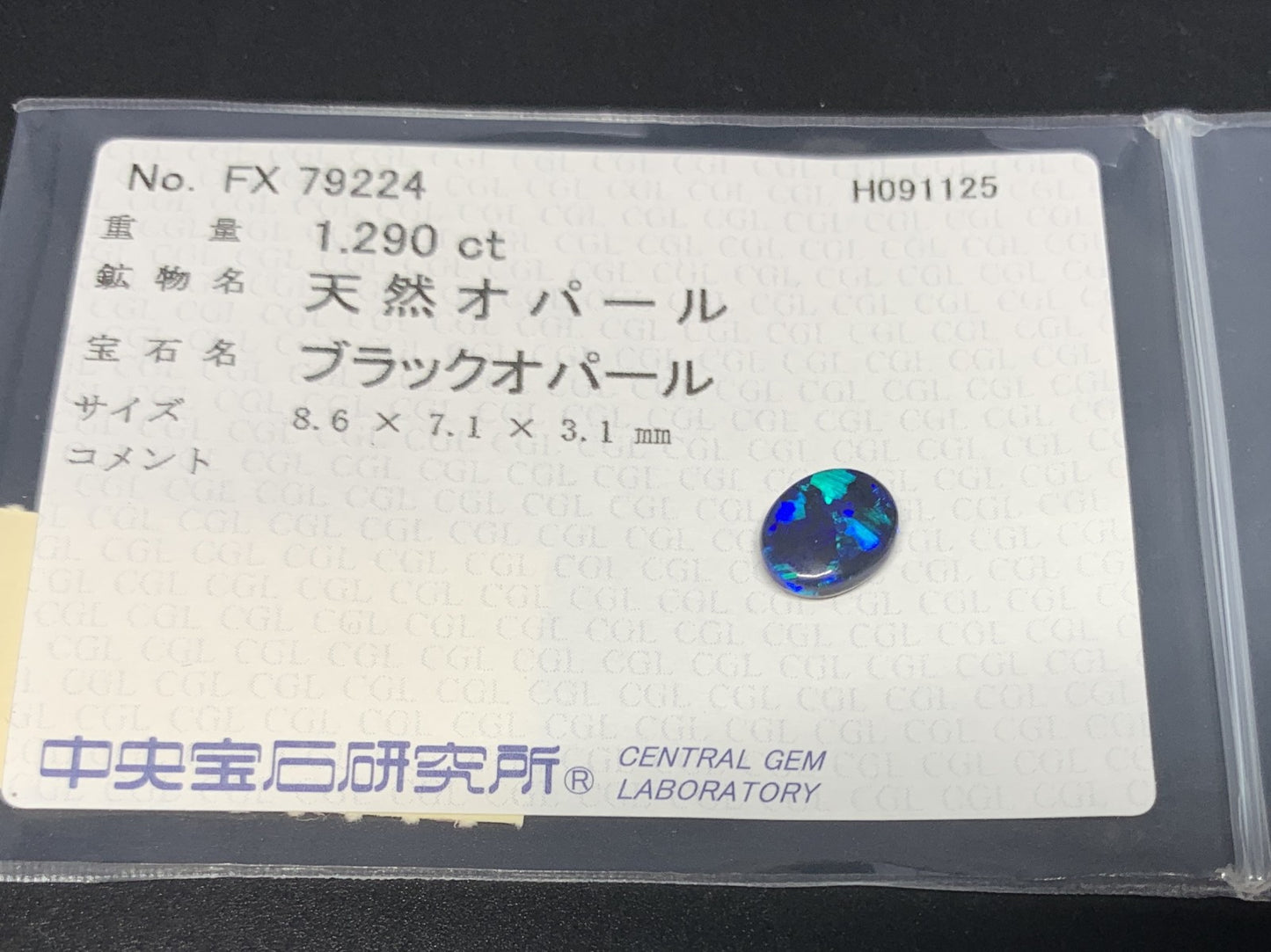 ブラックオパール 天然 1.290ct 中央宝石ソーティング付き 8.6㎜×7.1㎜×3.1㎜ ルース（ 裸石 ） 6563Y