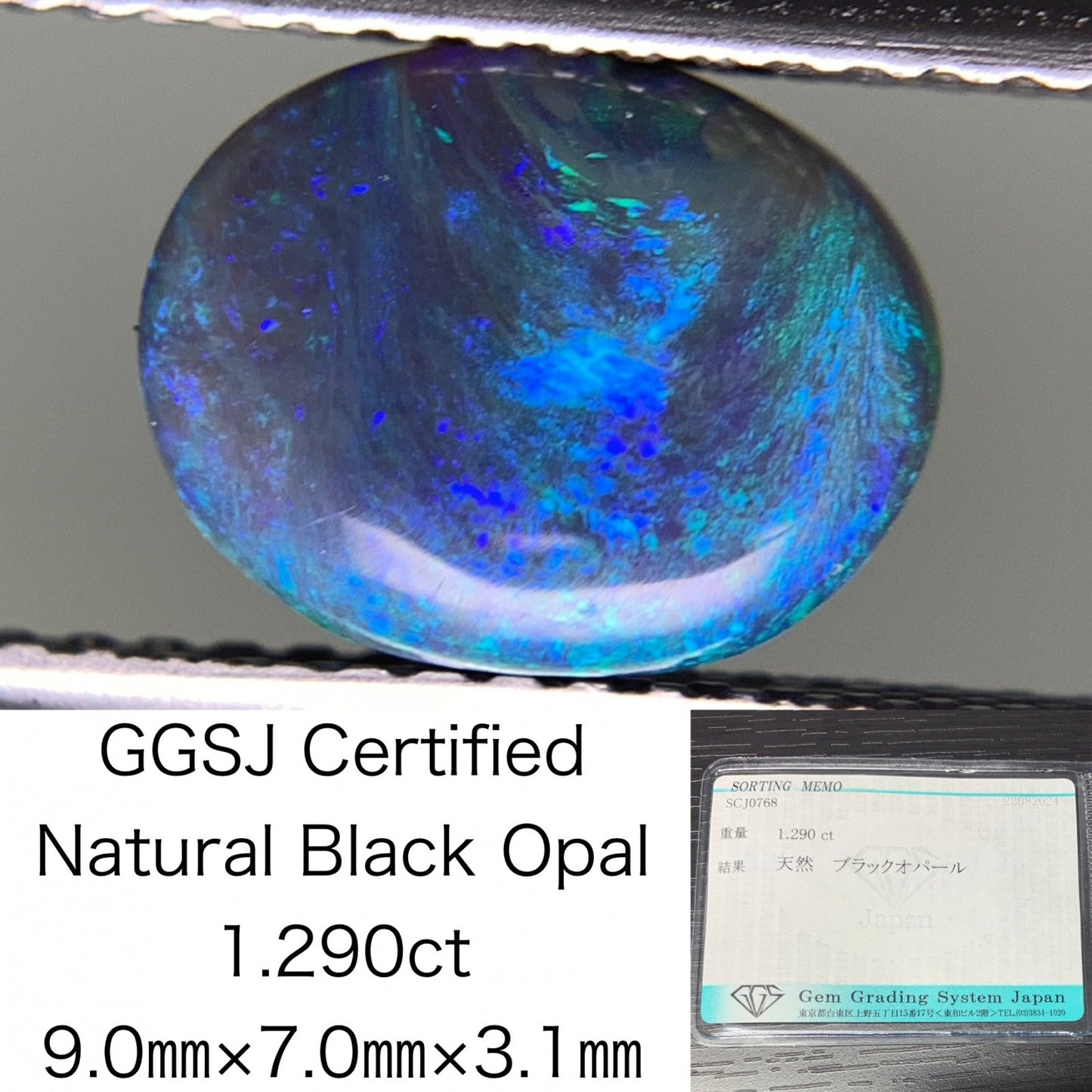 ブラックオパール 1.290ct 宝石ソーティング付き 9.0㎜×7.0㎜×3.1㎜ ルース（ 裸石 ） 2438Y