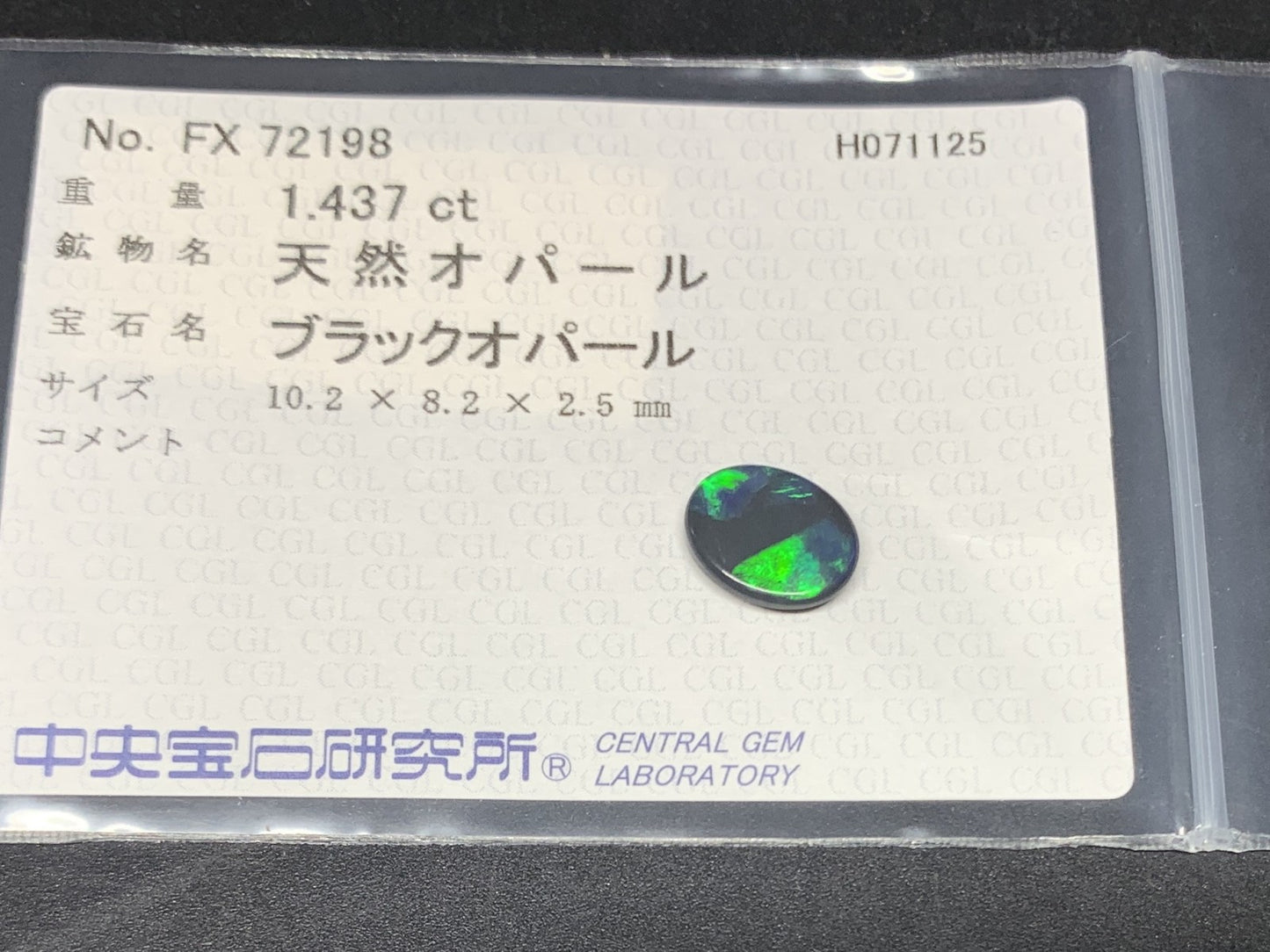 ブラックオパール 天然  1.437ct  中央宝石ソーティング付き  10.2㎜×8.2㎜×2.5㎜  ルース（ 裸石 ） 5928Y
